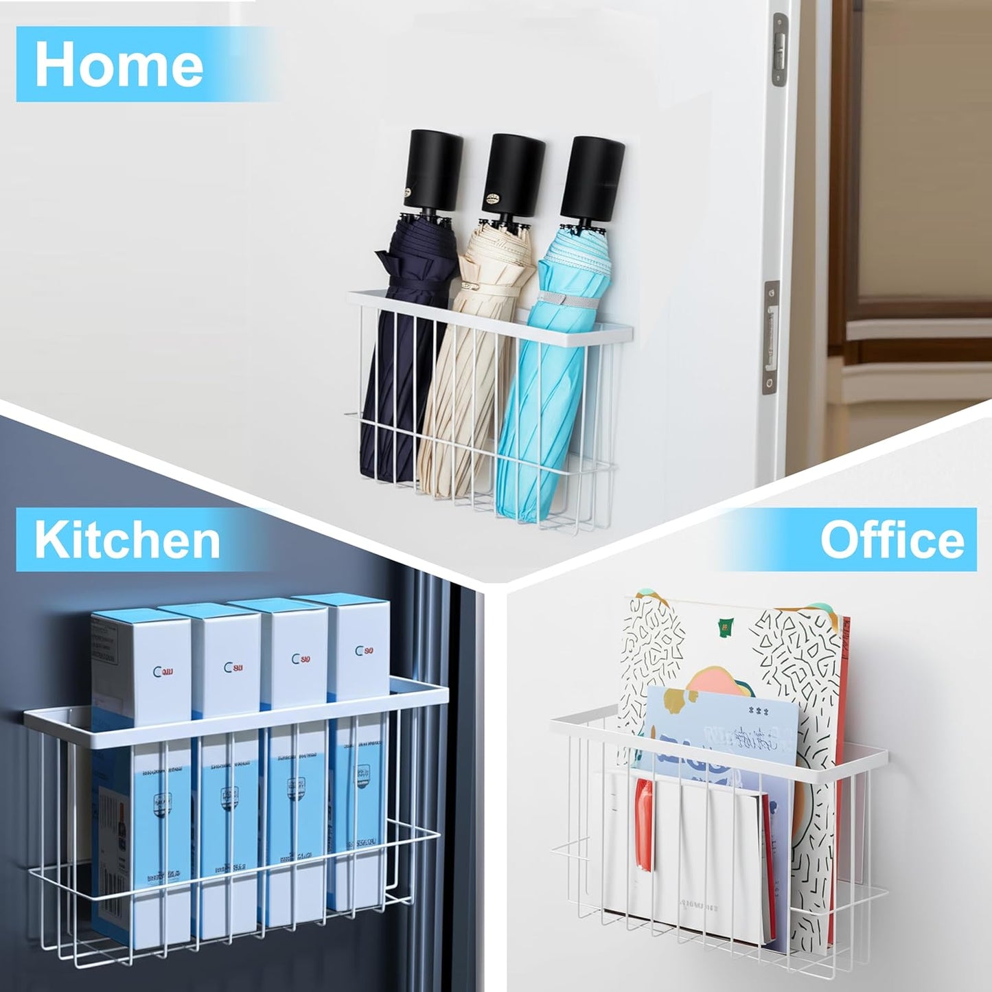 Magnetic Basket for Fridge, Magnetic Fridge Basket, Foil and Plastic Wrap Organizer with 4 hooks, Laundry Room Organization for Dryer Ball, Cling Film, Mail, Umbrella, White, 2 Pack