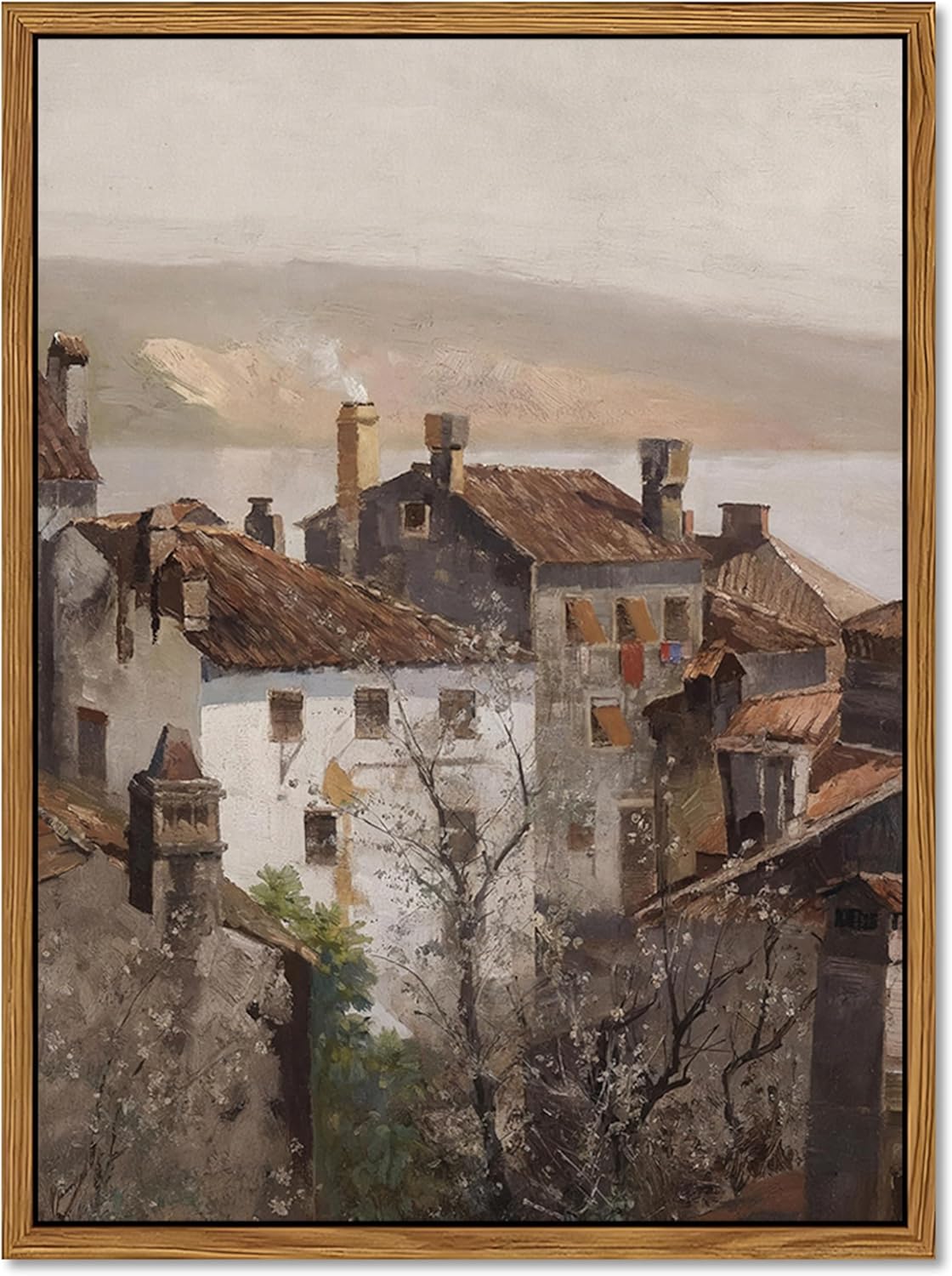 Floating Framed Vintage Canvas Wall Art, European Country Towns Wall Decor Oil Paintings Artwork, Rustic Farmhouse Posters Prints Pictures for Living Room Hallway Bedroom 8x10 inch