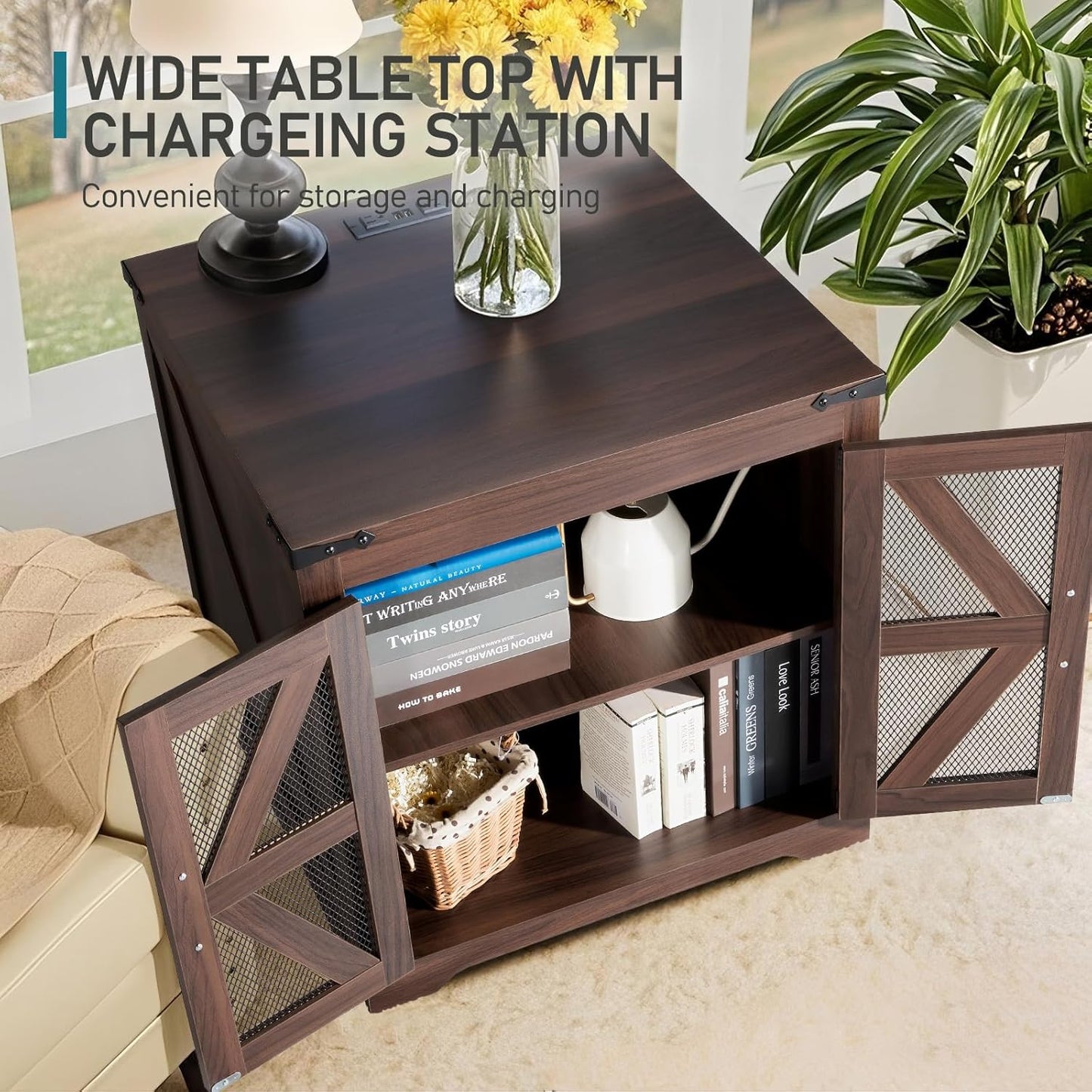 Farmhouse End Table, 24" Large Sofa Side Table with Charging Station, Mesh Barn Door, Rustic Wood Nightstand with Adjustable Storage Shelf, Square Nightstand for Living Room