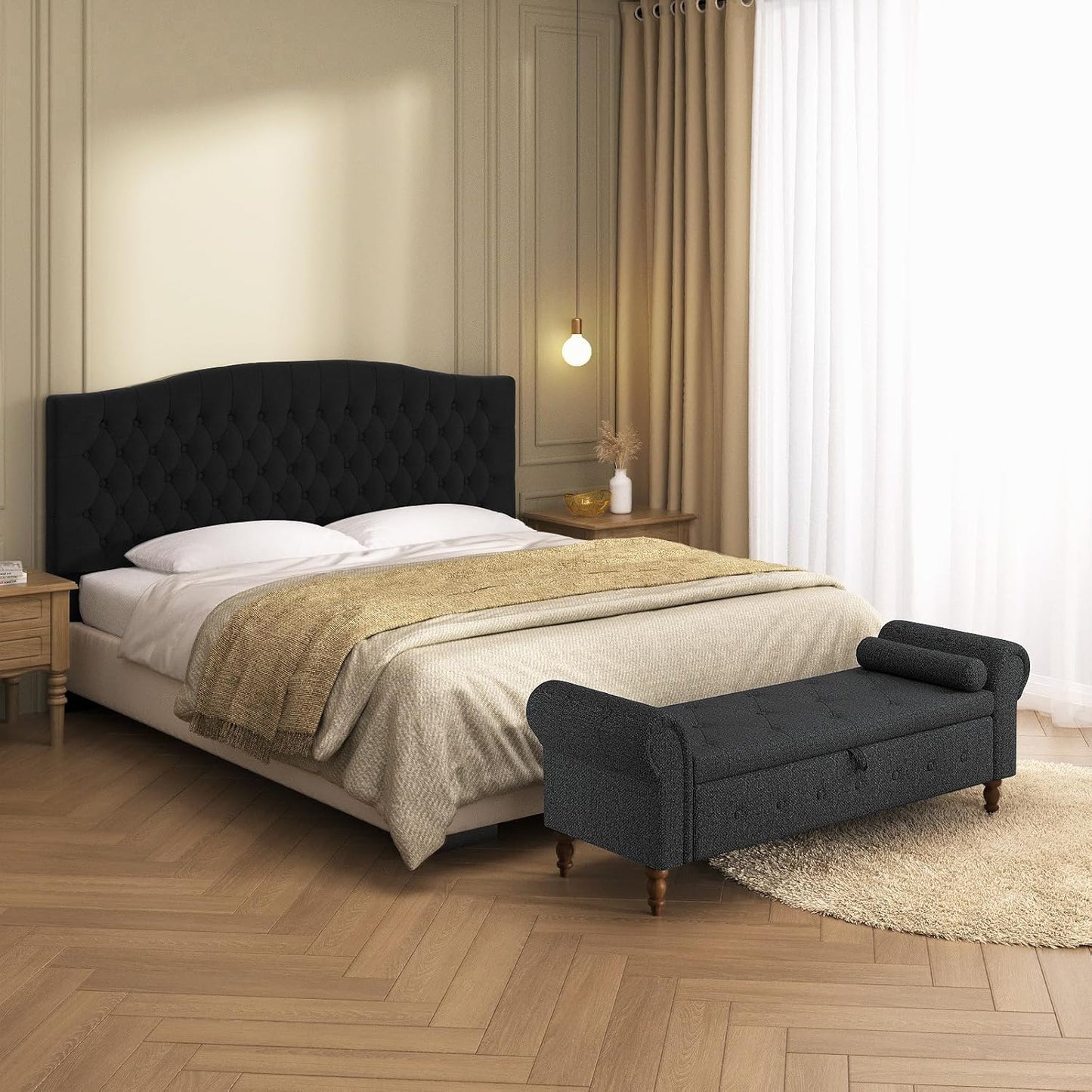 Storage Ottoman Bench for Bedroom, 63" End of Bed Bench with Rolled Arms Upholstered Ottoman Bench Fit for Bedroom, Living Room, Entryway, Linen Dark Gray