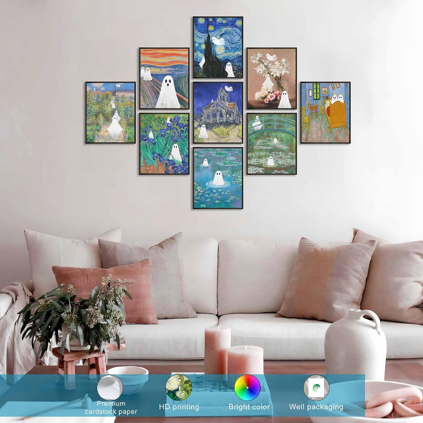 LANCHI95 Vintage Ghost Posters Halloween Wall Art Witch in The Forest Painting Prints Halloween Wall Decor for Living Room Bedroom 8x10 in - 9pcs (UNFRAMED)