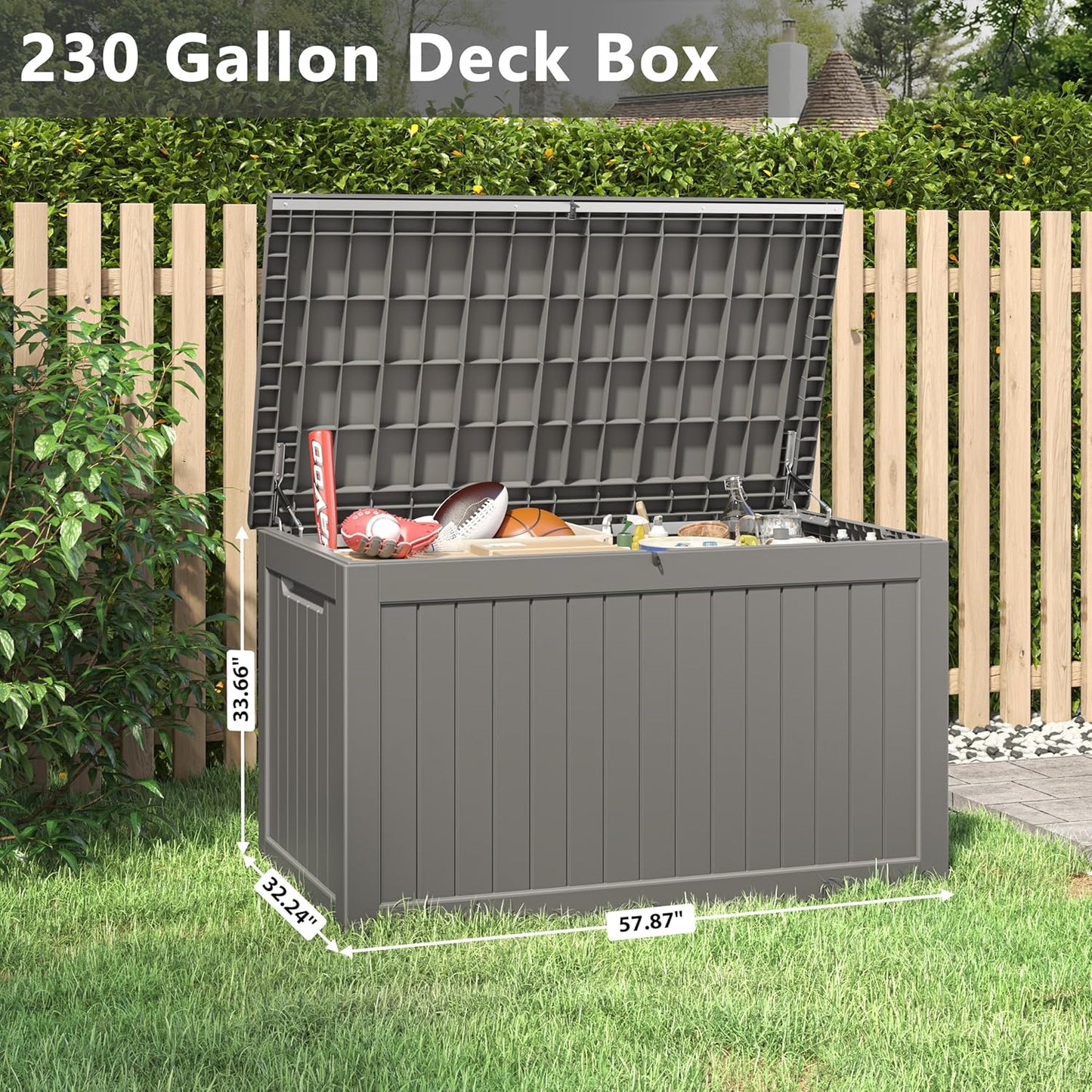 Outdoor Storage Box, 230 Gallon Deck Box, Waterproof and UV Resistant Large Resin Storage Bin, Organization and Storage for Patio Furniture, Outdoor Cushions, Garden Tools, Lockable