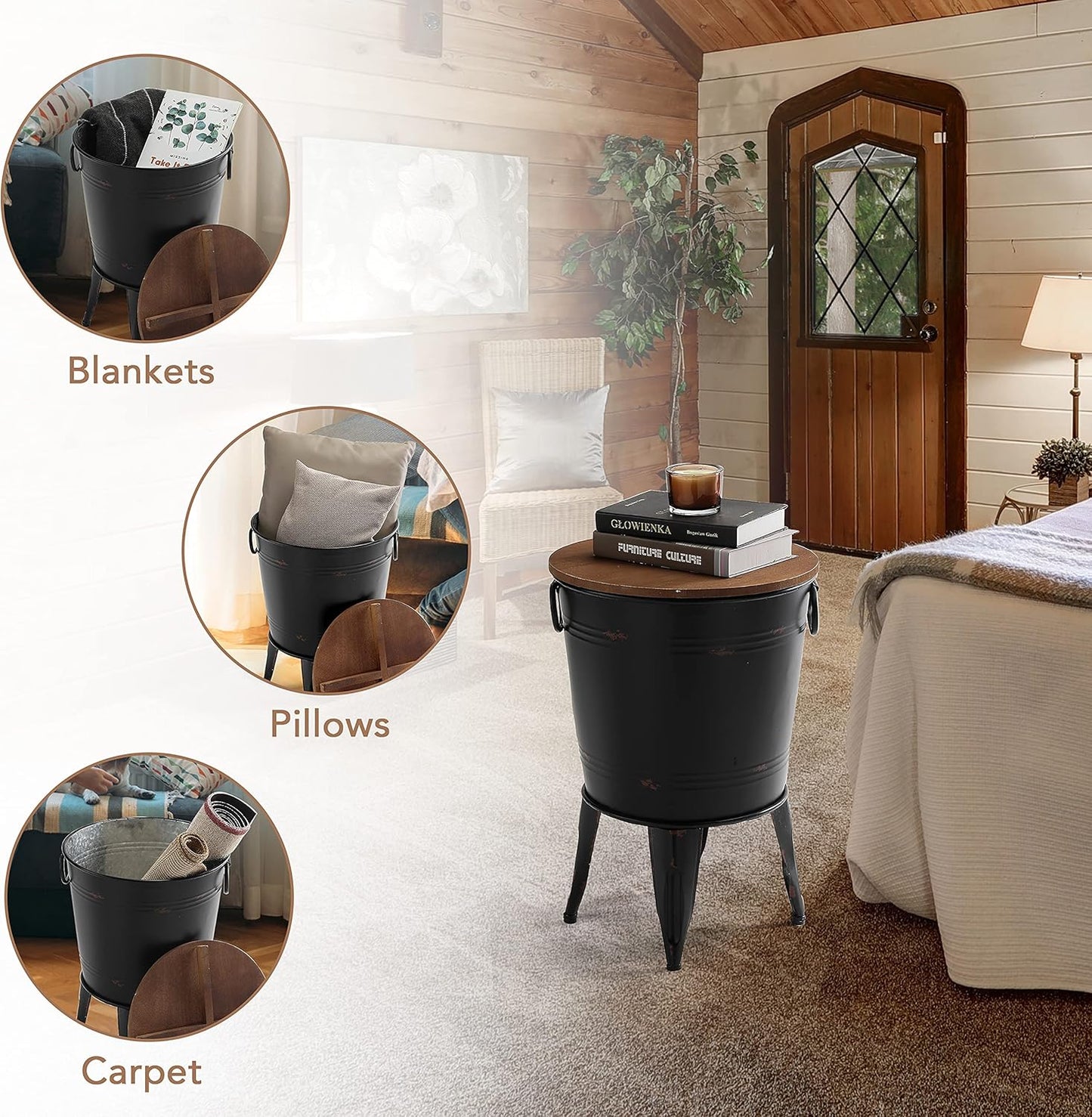 Rustic Storage Farmhouse Accent Side Table, Antique Galvanized Metal End Coffee Cocktail Table Box Bin with Round Wooden Lid Set of 2 (Black)