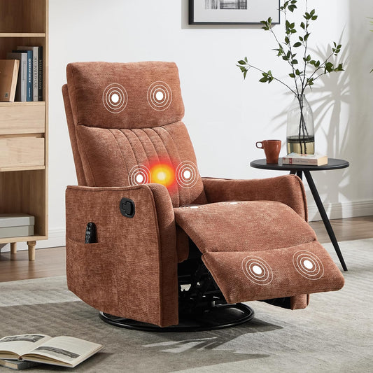 Manual Swivel Rocker Recliner Chair for Adults, Overstuffed Reclining Glider Chair for Nursing with Vibration Massage & Heat, Living Room Rocking Recliner 2-Stage backrest, Chenille Fabric Orange