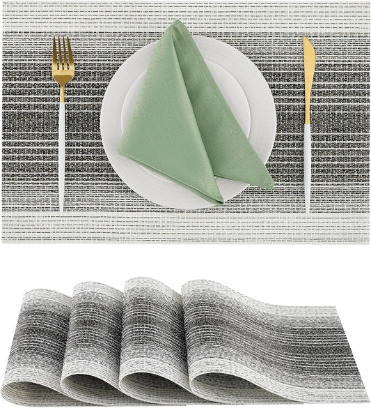 Leetaltree Black with White Woven Placemats Set of 4 - Heat Resistant Non-Slip Place mats for Dining Table, Washable Durable PVC Vinyl Woven Table Mats(Black with White, 4)