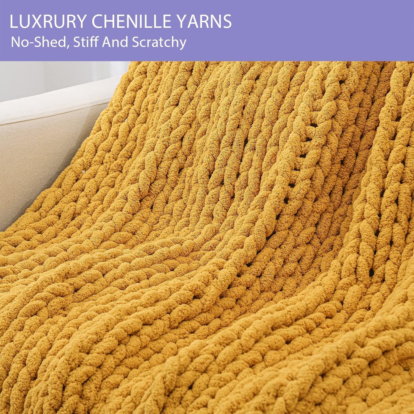 Bigacogo Chunky Knit Throw Blanket for Couch, 40x60 inches, 100% Hand Knitted with Thick Jumbo Chenille Yarn, Cozy Soft Large Rope Knot Cable Crochet Blankets for Sofa Bed Living Room, Mustard Yellow