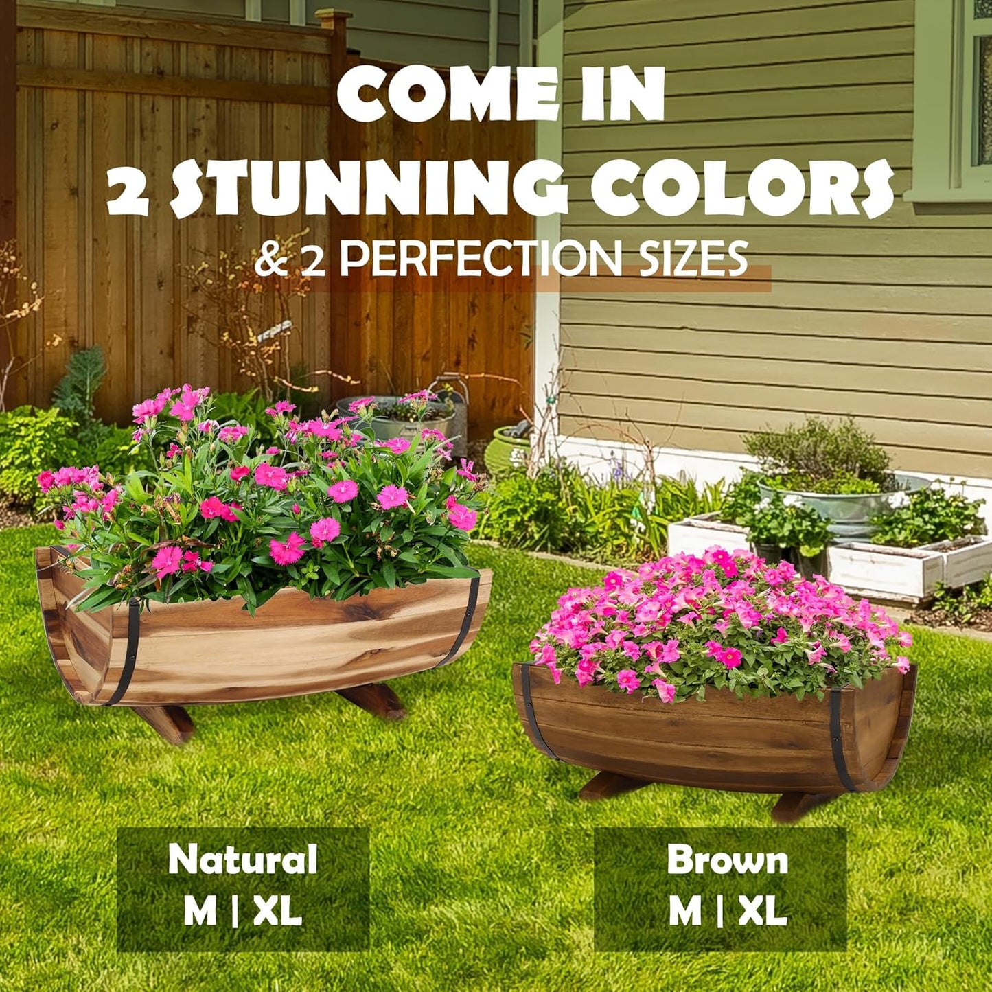 IDZO Solid Acacia Wood Half Barrel Planters Outdoor Set of 2 Different Sizes, Wooden Planters for Outdoor Plants with Metal Bands & Drainage Holes, Legs Included, Brown