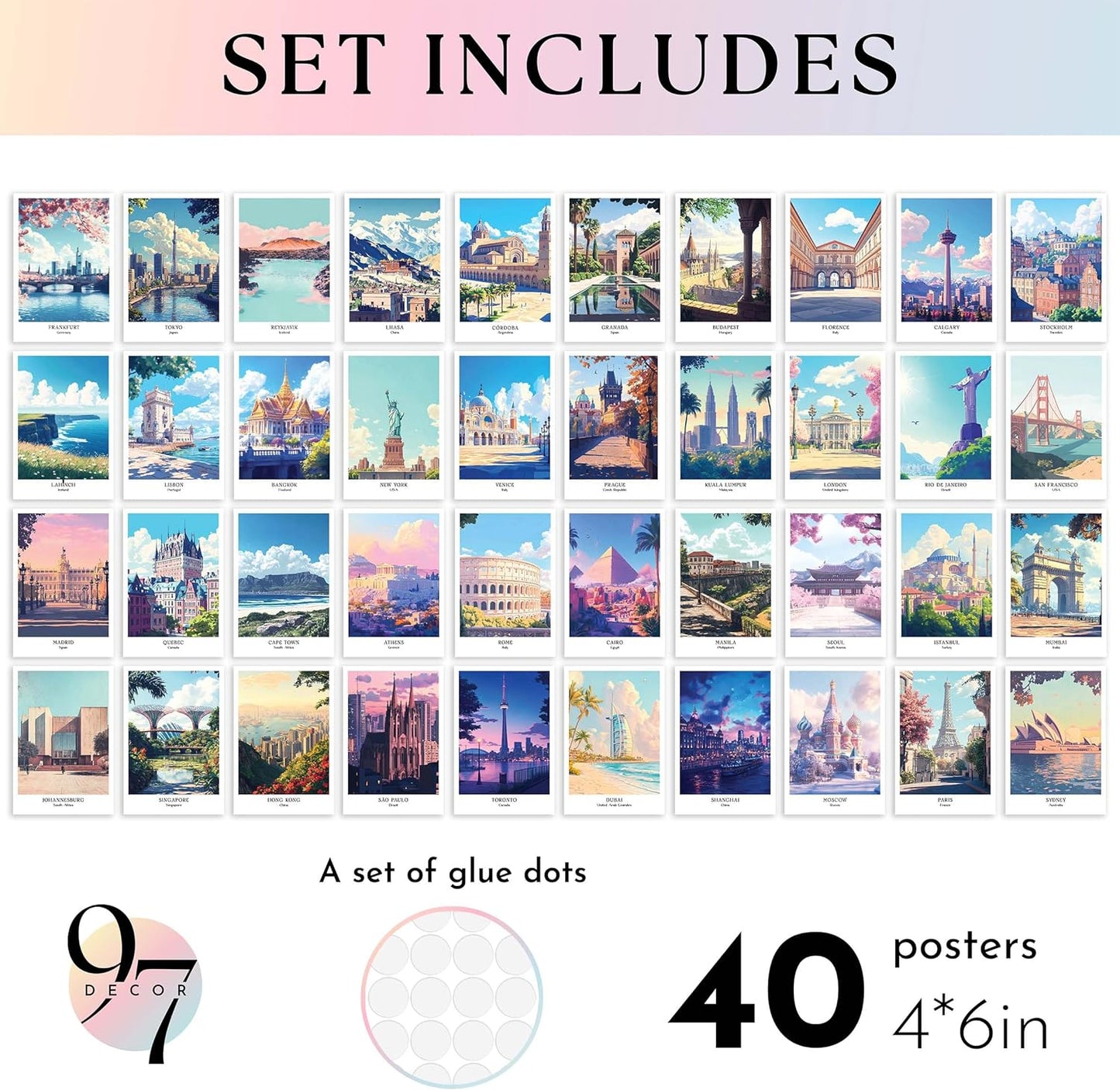 97 Decor Vintage Travel Posters Wall Art - Retro Travel Decor For Home, Travel Art Prints For Wall Decor, Around World Travel Collage Destination Pictures Famous City Artwork For Classroom (4x6)