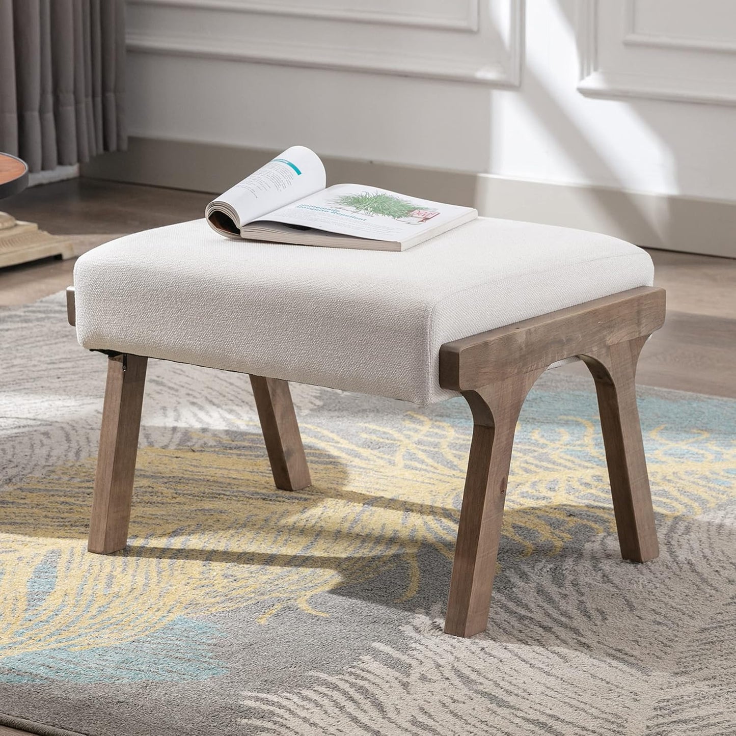 chairus Mid-Century Modern Accent Chair with Ottoman, Linen Fabric Armchair with Wood Legs Comfy Upholstered Single Sofa Chair for Living Room/Bedroom/Lounge, White