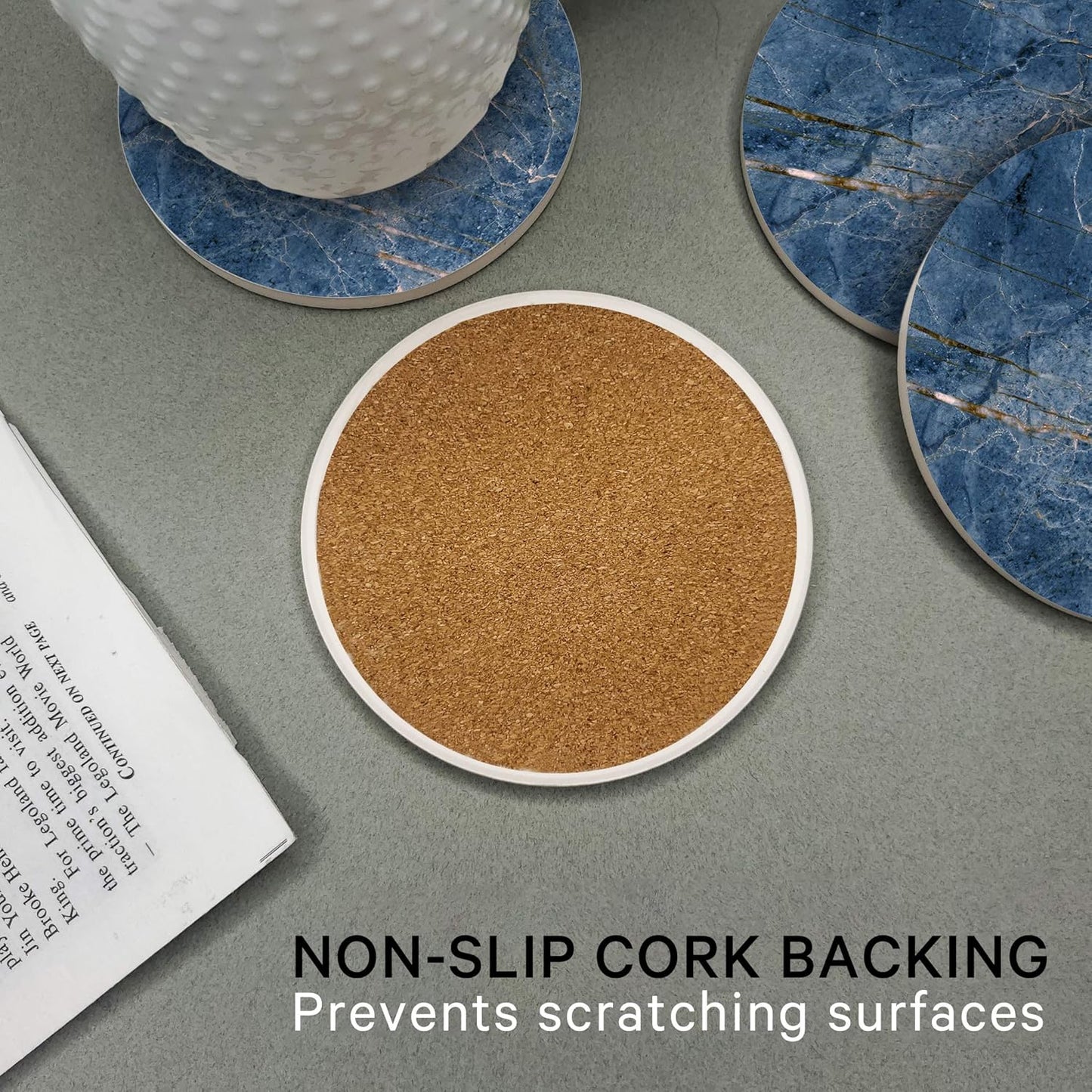 Emerson Coasters for Drinks Absorbent – Natural Stone Drink Coasters Set with Holder, Coasters for Coffee Table, Wooden Tabletop Protection Marble Style – 100% Heavy Duty Set of 6 (Ocean)