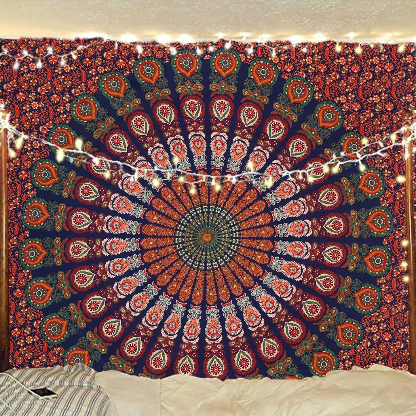 Bless International Handmade Indian hippie Bohemian Psychedelic Peacock Mandala Wall hanging College Dorm Beach Throws Table Cloth Bedding Tapestry (Golden Red Green, Queen(84x90Inches)(215x230Cms))