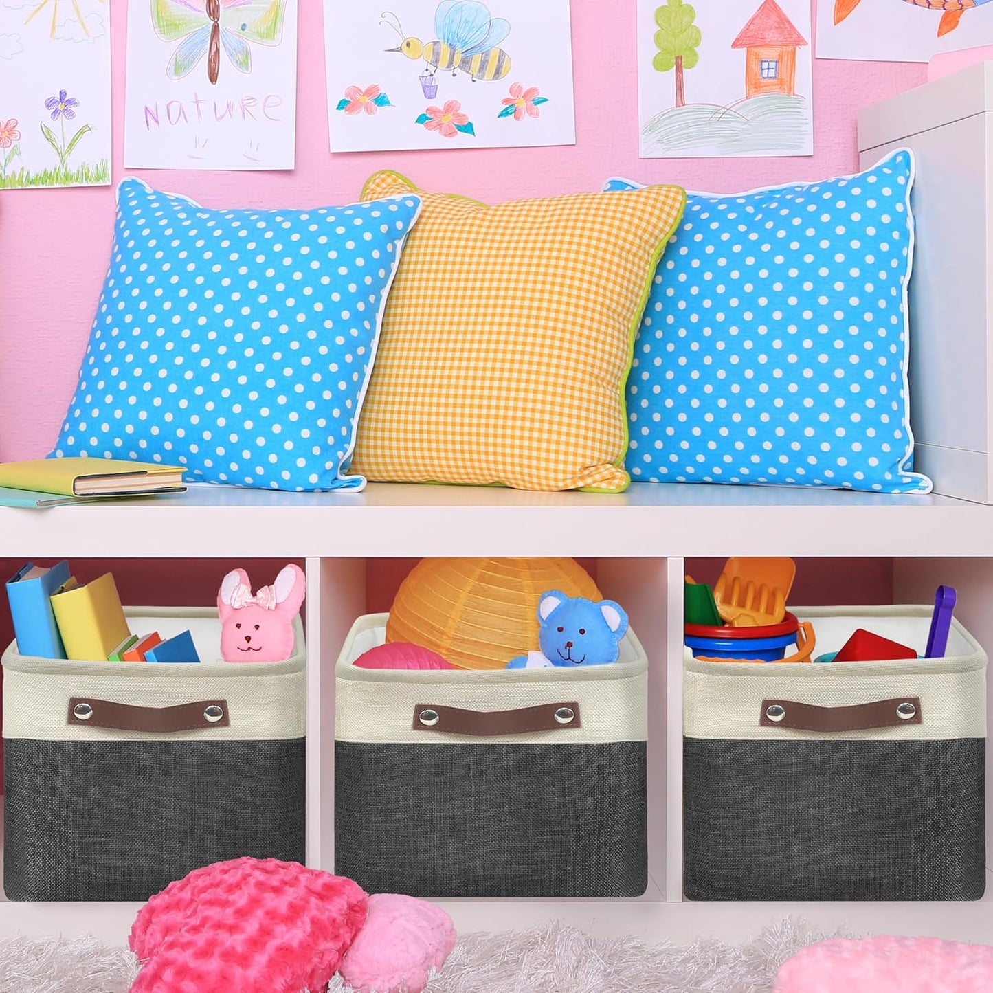 SIMPLE HOUSEWARE Large Fabric Storage Bin, 15" x 11" with Leather Like Handles, 3 Pack, Dark Gray