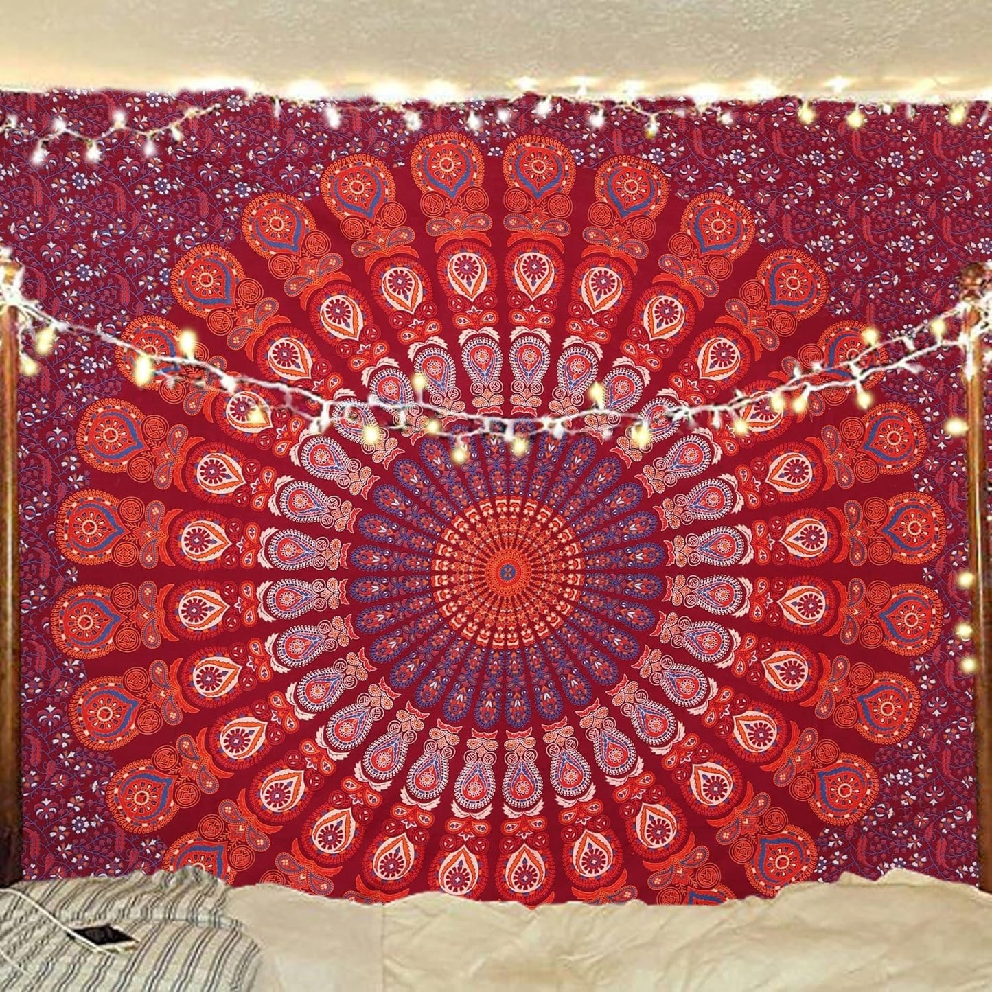 Bless International Handmade Indian hippie Bohemian Psychedelic Peacock Mandala Wall hanging College Dorm Beach Throws Table Cloth Bedding Tapestry (Blue Red, King(88x104Inches)(225x265Cms))