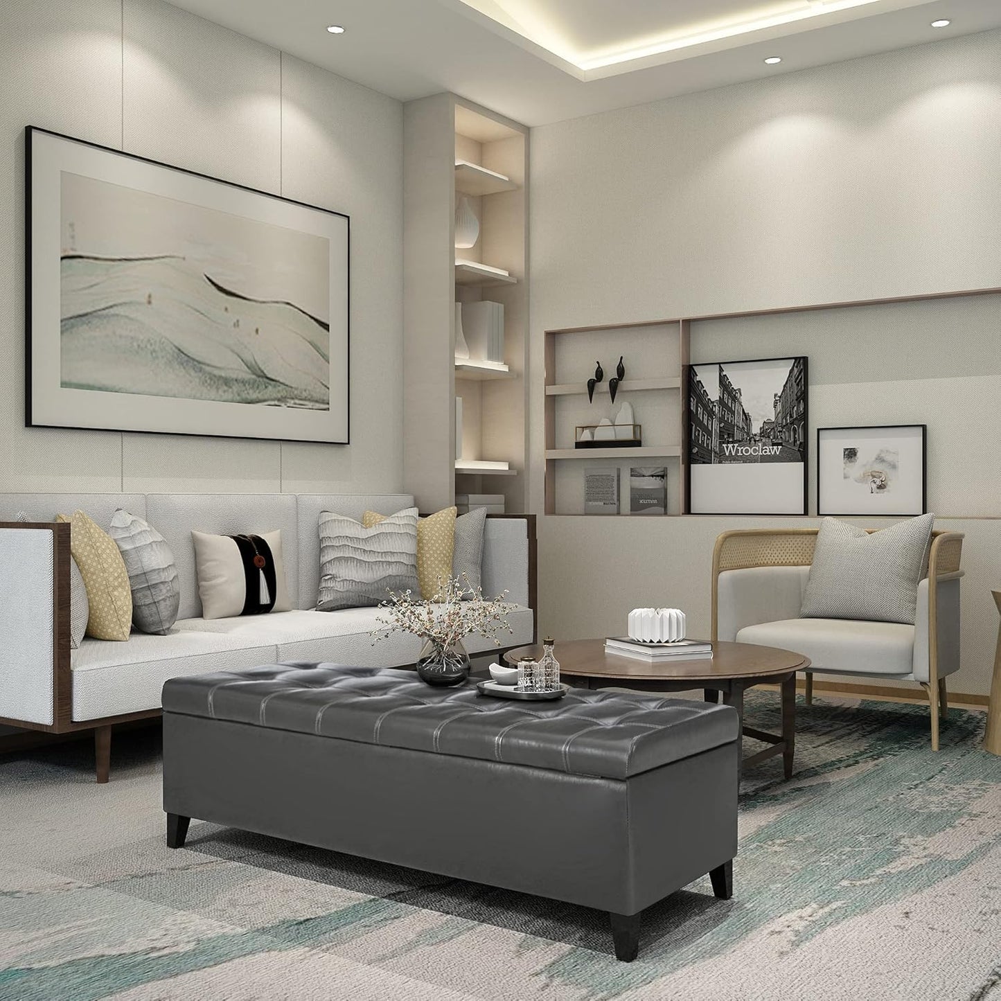 Joveco Storage Ottoman Bench, Tufted Leather 51 Inch Storage Bench for End of Bed Bedroom Living Room (51”, Dark Gray)