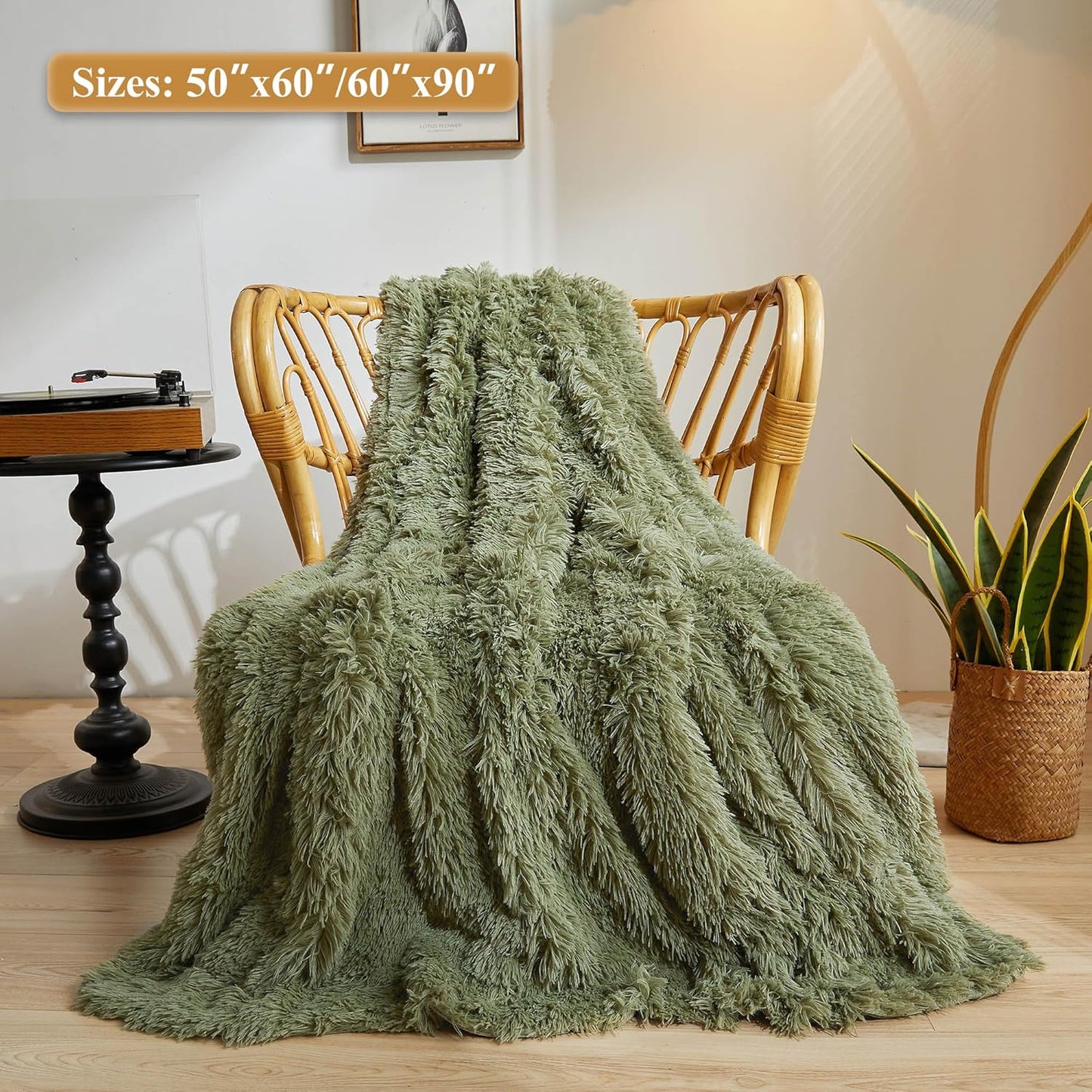 XeGe Luxury Faux Fur Blanket, Sage Green Soft Big Fluffy Throw, Shaggy Plush Decorative Couch Throw, Cute Furry Fuzzy Blanket for Bed Bedroom Living Room Sage Green, 60x90