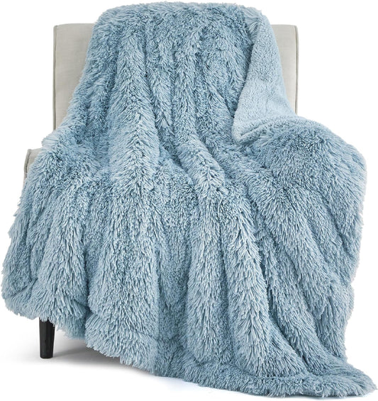 Bedsure GentleSoft Fuzzy Sherpa Faux Fur Blue Twin Blanket Cozy Gifts for Women Men, Soft Fleece Plush Warm Minky Thick Blanket Twin Size for Bed, Couch, Room Decor Dorm Essentials Blue Gifts, 60x80