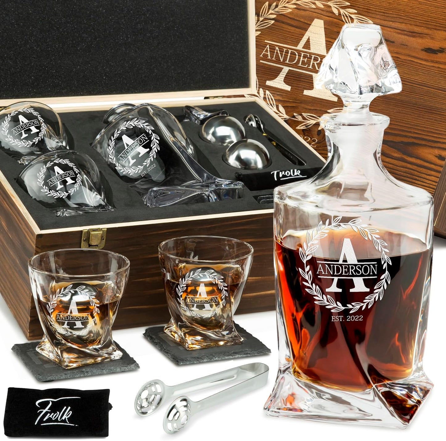 Personalized Whiskey Decanter and Stones Set - Customized Gift for Him - Men, Dad, Father - Engraved Twisted Decanter,2 Twisted Glasses, 2 XL Chilling Balls, Coasters, Tongs in Wooden Gift Box