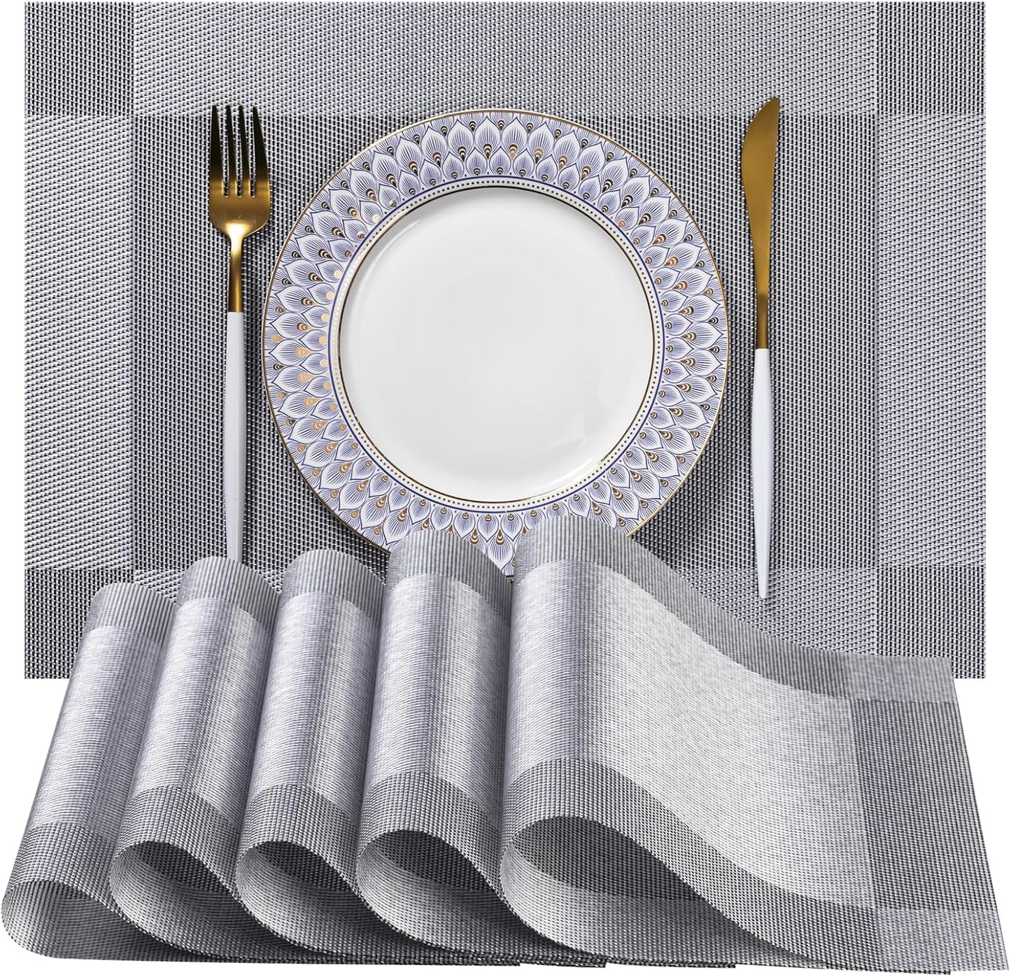 LEXMORE Placemats Set of 8 Vinyl/Plastic Woven Place Mats for Kitchen Table Indoor/Outdoor Washable Placemat Wipeable Dining Table Mats(Silver Cube)