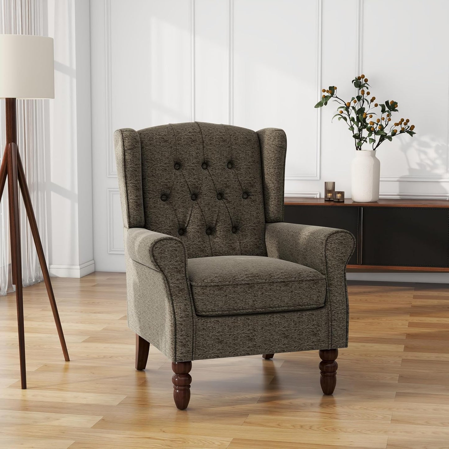 UIXE High Back Accent Chairs Set of 2, Upholstered Armchair in Fabric, Retro Wingback Arm Chair for Living Room, Comfy Single Sofa Bedroom Reading Seat with Solid Wood Legs - Taupe