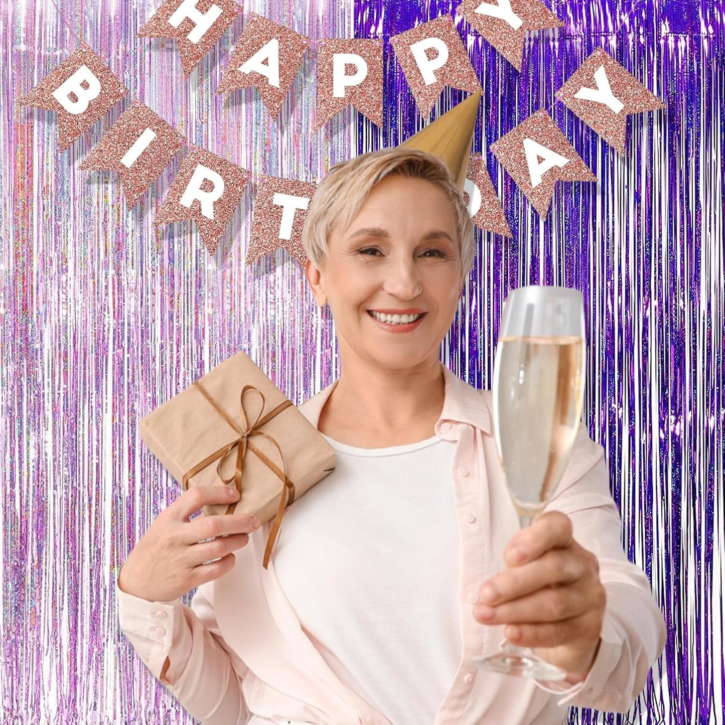 BRAVESHINE 1 Purple 1 Pink Streamers Party Photo Backdrop - 3.2 ft x 8.2 ft Metallic Tinsel Foil Fringe Curtains for Valentine’s Day/Women Birthdays/Engagement/Bridal Shower/Bachelorette Decorations