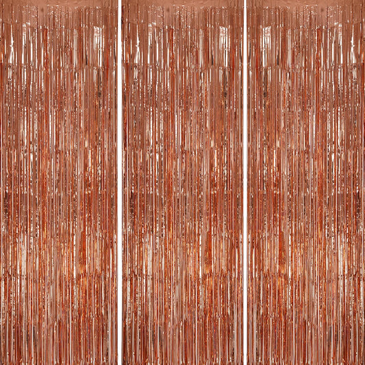 3 Pack Foil Fringe Backdrop - Rose Gold Shiny Tinsel Curtains for Party Decoration/Photo Booth Props - 3.3x8.2 FT Metallic Foil Backdrop for Birthday, Wedding, Graduation, Christmas.