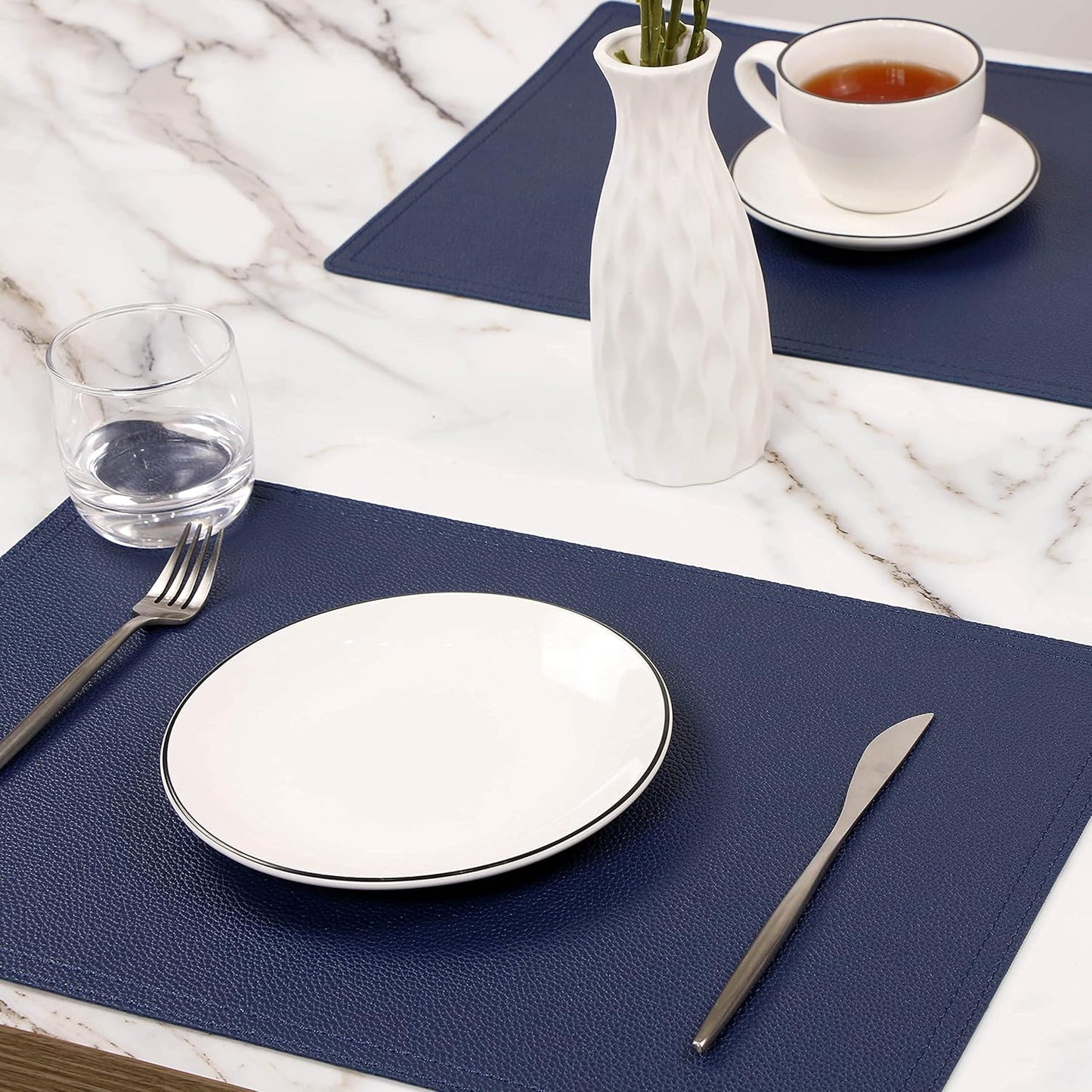 Set of 6 Faux Leather Placemats, PU Table Mats, Waterproof, Stain Resistant, Heat Resistant, Non-Slip Easy to Clean for Kitchen Dining Table,Conference Table C Blue Rectangle