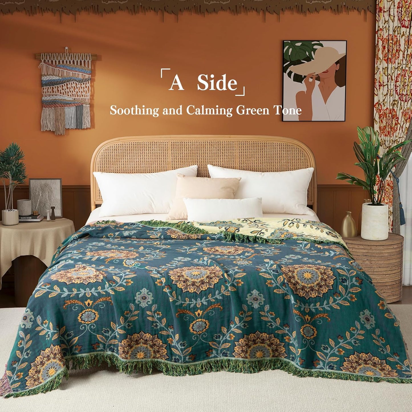 Boho Throw Blanket Twin Size, Soft Cozy Cotton Muslin Quilt Blanket for Bed Decor, Floral Patterned Couch Sofa Chair Cover, Vintage Farmhouse Cottage Tapestry Woven Blanket, Green&Beige