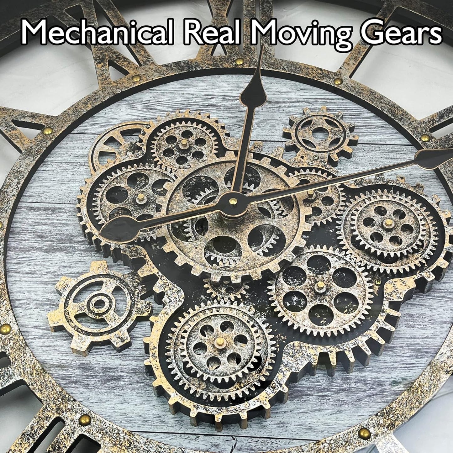 DORBOKER 27" Original Moving Gears Wall Clock, Large Industrial Wall Clock for Living Room Decor, Retro Metal Solid Wood Vintage Farmhouse Steampunk Rustic Clocks for Wall Decor,Silver Grey