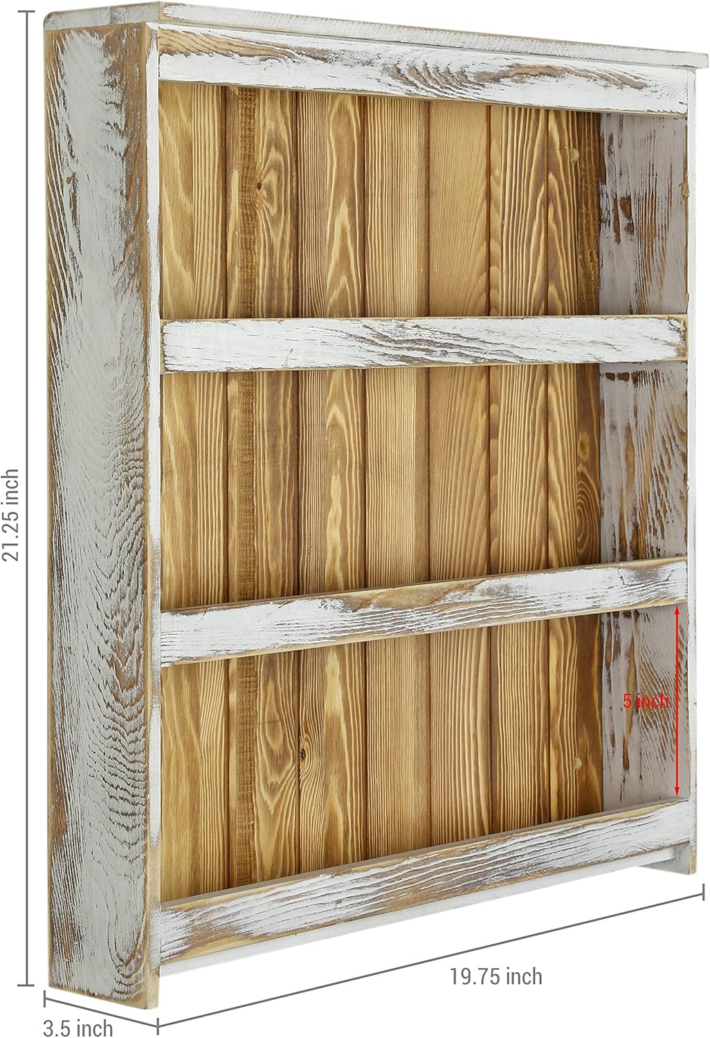 MyGift 3 Tier Wall Mounted Spice Rack, Shabby White Washed and Rustic Natural Burnt Solid Wood Kitchen Pantry Storage Shelf for Seasoning Jars or Condiment Bottles