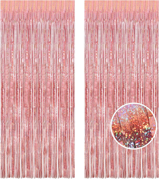 BRAVESHINE Rose-Gold Metallic Tinsel Backdrop - 2Pcs 3.2x8.2ft Metallic Tinsel Foil Fringe Curtains Photo Booth Streamers for 21-st Birthdays Bachelorette Engagement Bridal Shower Party Decorations