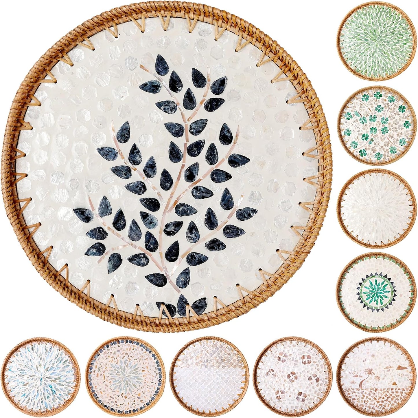 Round Rattan Tray with Mother of Pearl Inlay & Wooden Base - Decorative Wicker Serving Tray for Coffee/Bread/Fruits, Food Storage & Display - Multipurpose Home Decor (L,Little Tree)