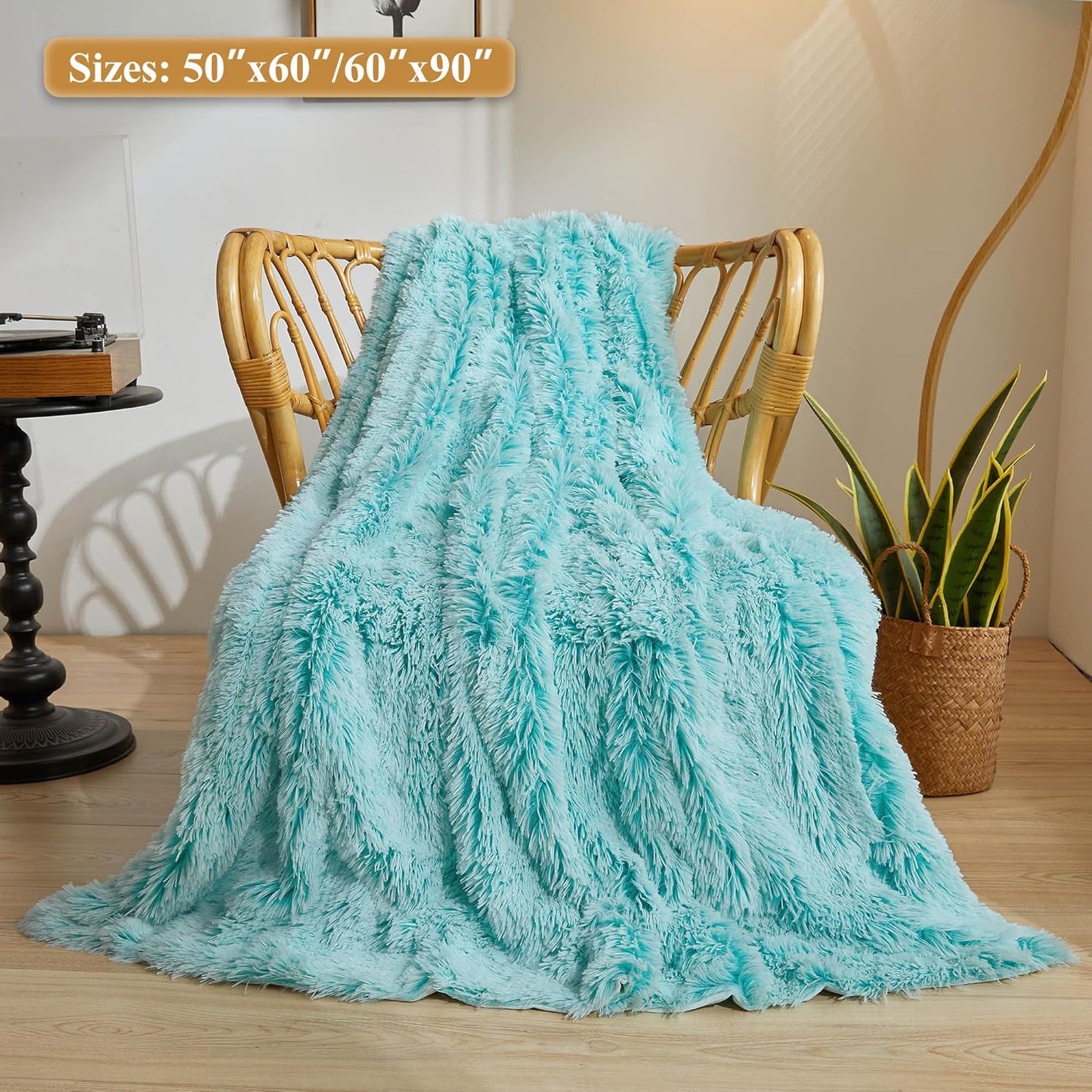 XeGe Luxury Faux Fur Blanket, Soft Big Fluffy Throw, Shaggy Plush Decorative Couch Blanket, Cute Furry Fuzzy Bed Throw for Bedroom Living Room, Ombre Aqua Green, 60x90