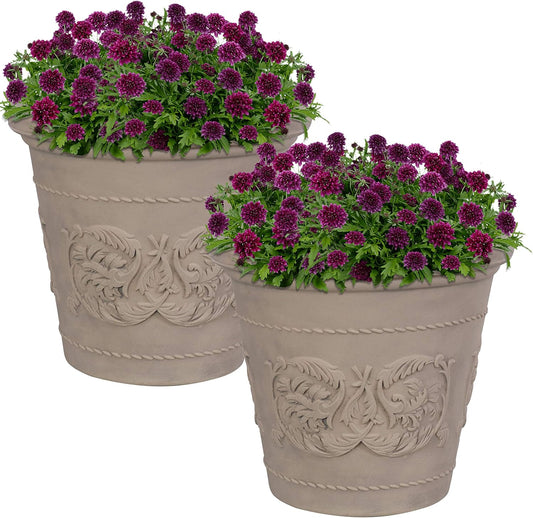 Sunnydaze 19.5-Inch Arabella Large Plant Pot - Polyresin Round Outdoor Planter with Drillable Drainage Holes - 2 Pack - Beige