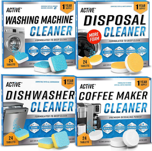 Washer Dishwasher Disposal & Coffee Cleaner Tablets - 96 Tabs Includes ACTIVE Washing Machine Cleaner, Dishwasher, Disposer, Coffee Maker Descale Tabs - Deep Clean & Refresh Appliance - 1 Year Supply