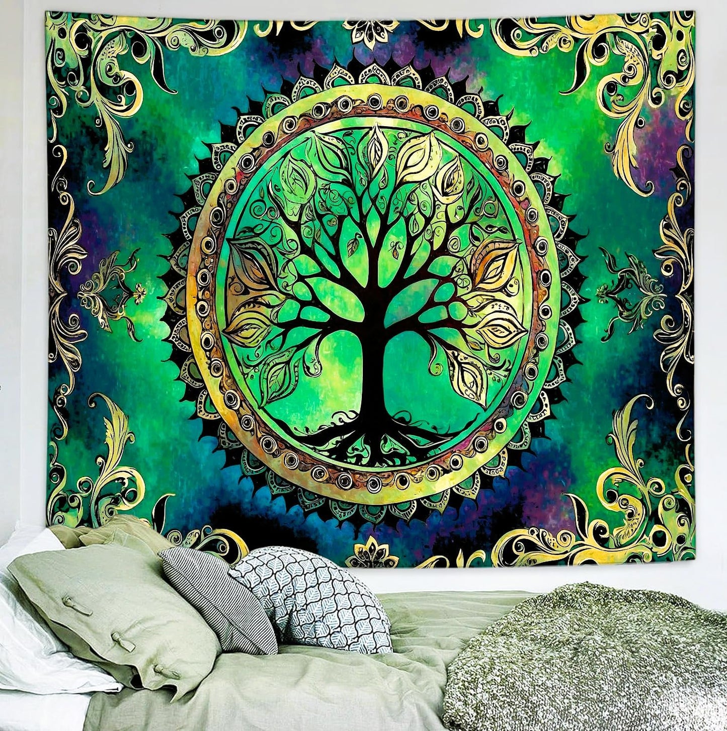 Delur Tree of Life Tapestry Green Nature Bohemian Mandala Spiritual Tapestry Wall Hanging Mystical Landscape Hippie Psychedelic Headboard for Bedroom Living Room Home Decor (70.8" x 92.5")