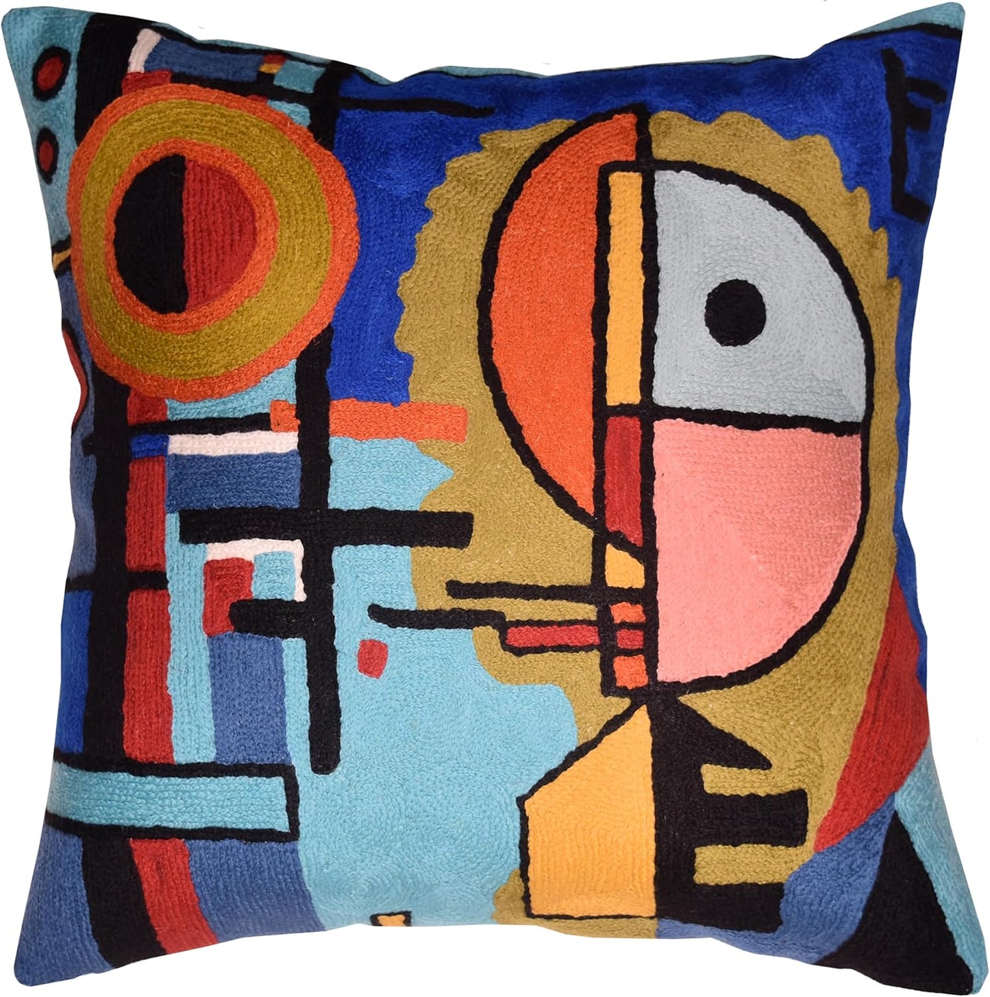 Kandinsky Upwards Abstract Pillow Cover Blue Decorative Throw Pillowcase Modern Chair Cushion Contemporary Accent Pillowsham Couch Handembroidered Wool Size 18x18
