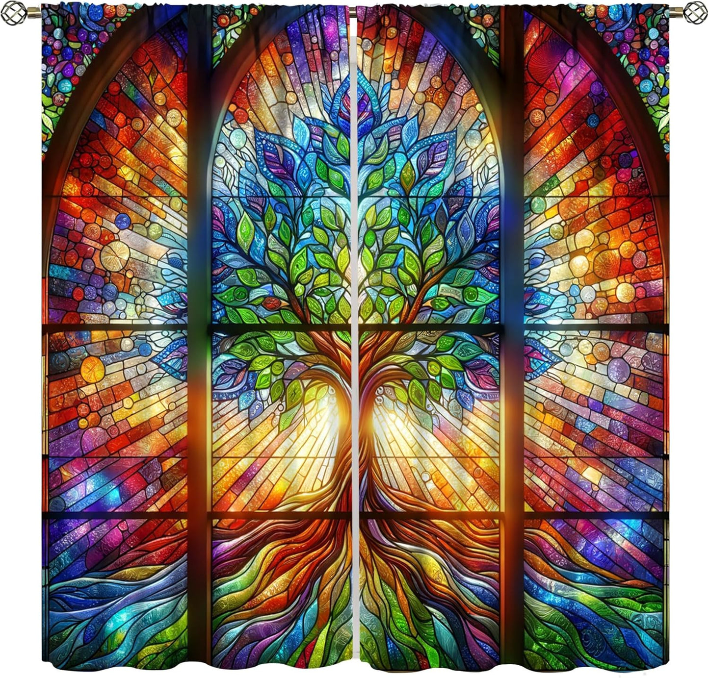 Stained Glass Curtains,Tree of Life Colorful Abstract Art Home Decor Drapes for Bedroom Living Room Kitchen Window Treatment 2 Panels Set Total Size 63" W X 72" L Inch