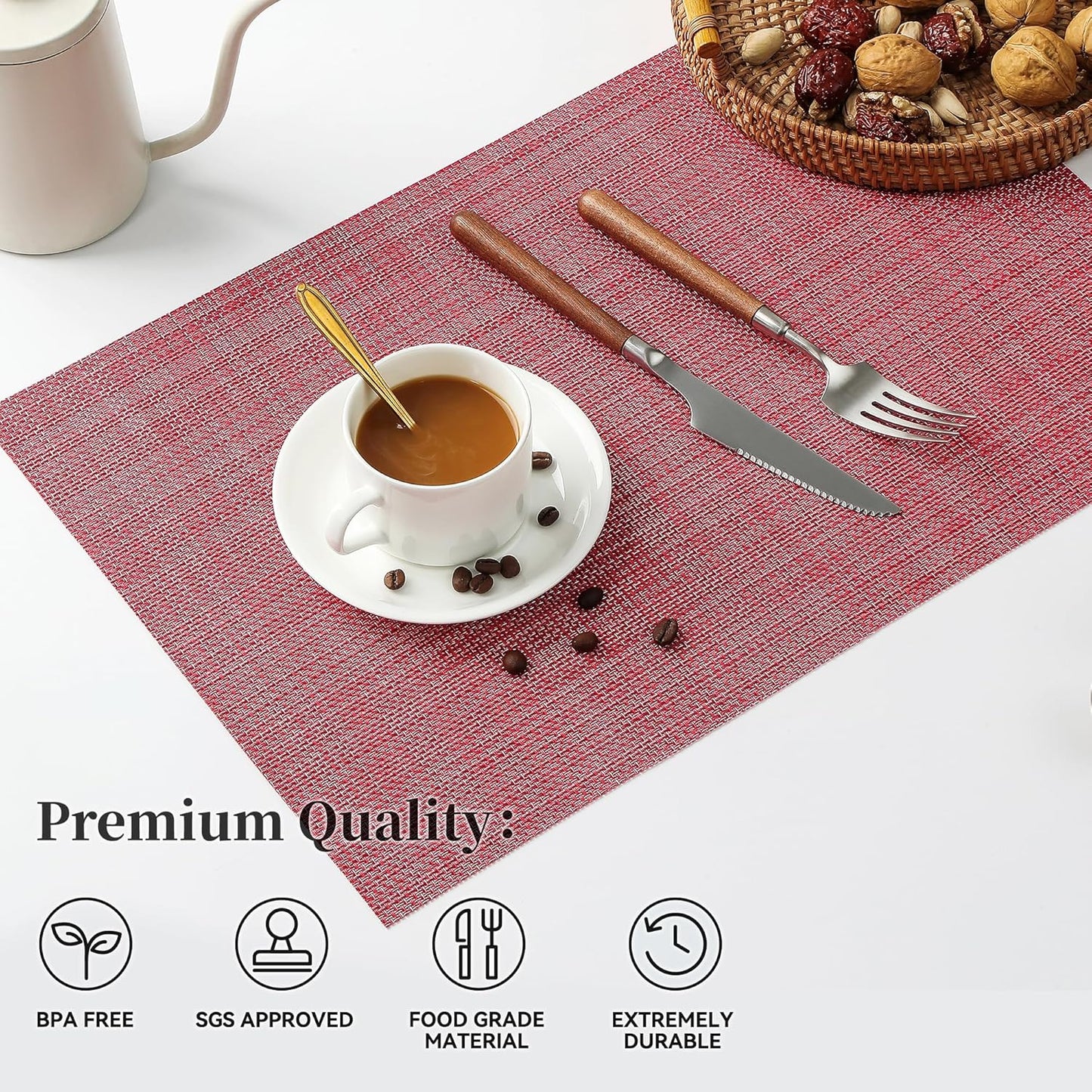 Leetaltree Red Placemats Set of 12 - Heat Resistant Non-Slip Place mats for Dining Table, Washable Durable PVC Vinyl Woven Table Mats（Red, 12）