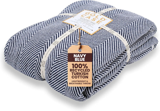 Gold Case Throw Blanket for Bed – 100% Recycled Turkish Cotton Bed Blanket – Decorative Throw Cotton Blankets for Living Room & Bedroom – Woven Twin Blankets - 71x90 - Navy Blue