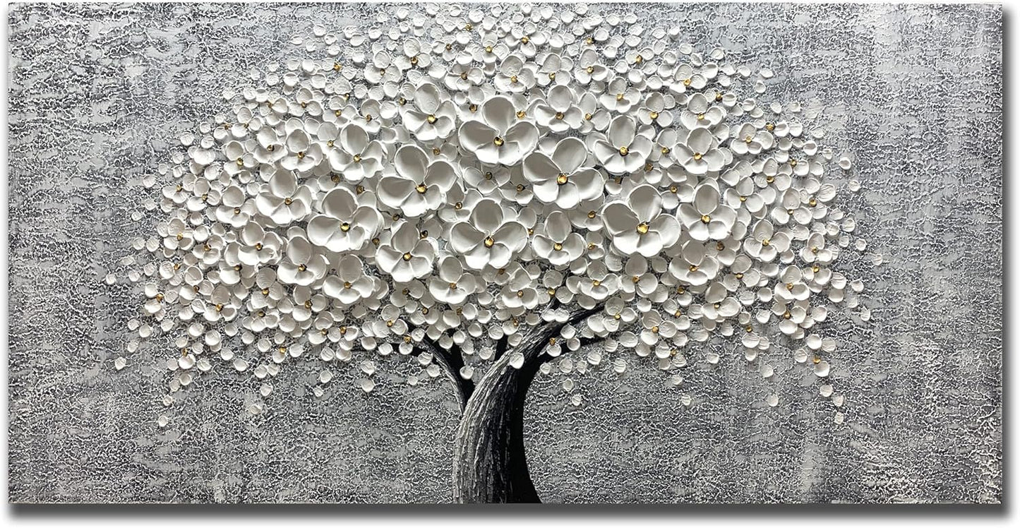 Yika Art - 24x48 Inch 3D White Flower Painting Abstract Textured Knife Platte Acrylic on Canvas 3D Flowers Tree Painting Ready to Hang