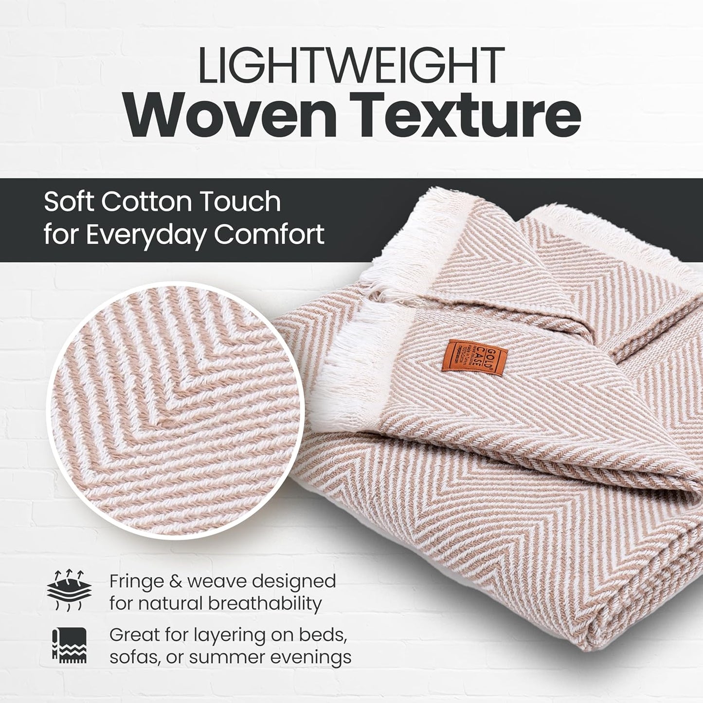 Gold Case Throw Blanket for Couch – 100% Recycled Turkish Cotton Blankets & Throws – Elegant Decorative Throw Blankets for Living Room Sofa – Woven Throws for Couch – Elegant Beige – 60x80