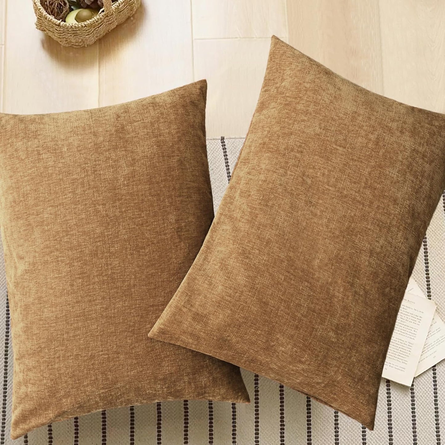 CaliTime Throw Pillow Covers Decorative 20 X 26 Inches Pack of 2 Cozy Chenille Standard Pillow Shams Cases for Couch Sofa Bed Living Room Home Apricot Brown