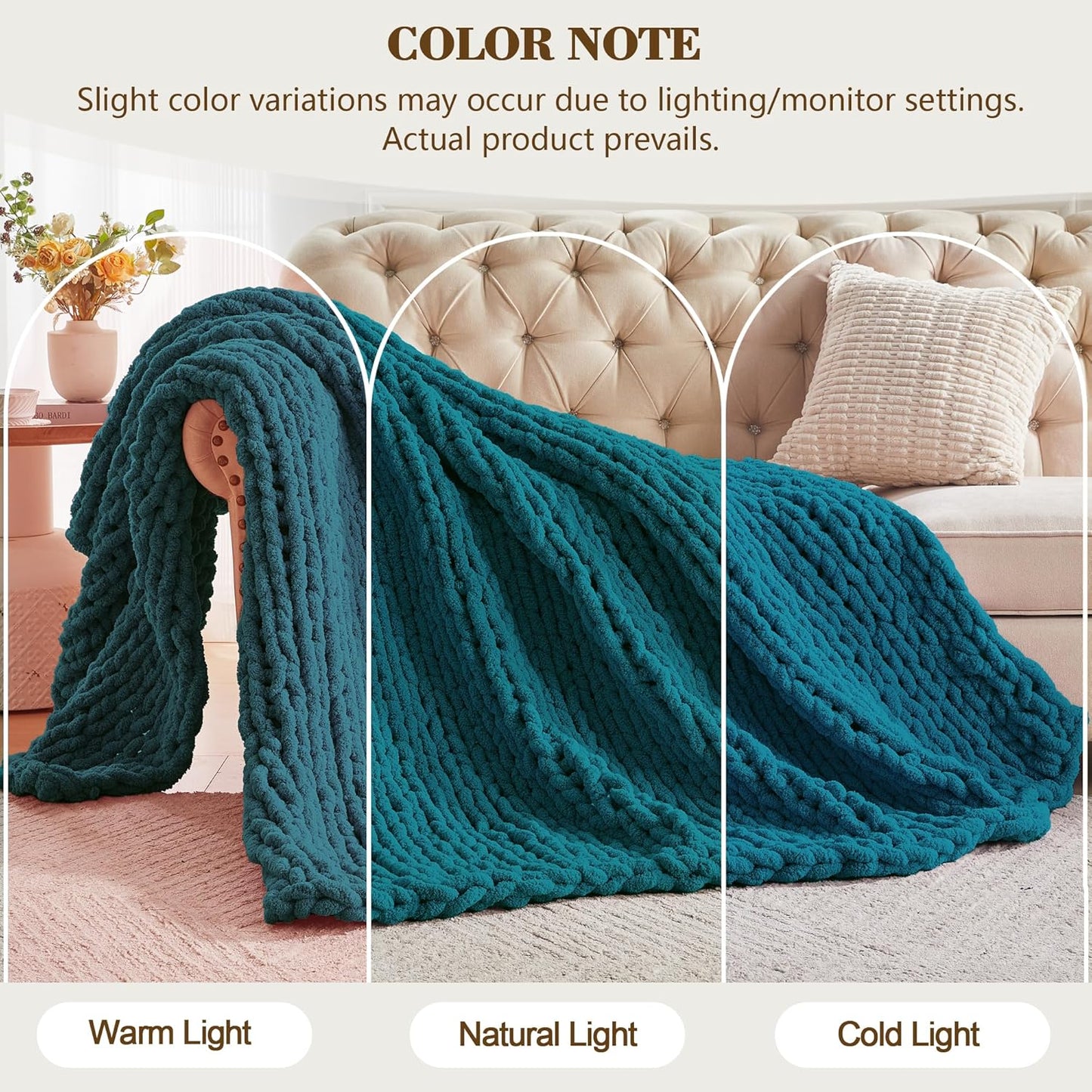 Carriediosa Chunky Knit Throw Blanket 50" X 60", 100% Hand Made Large Chenille Loop Yarn Soft Fluffy Throws for Couch Sofa Bed, Big Crochet Cozy Heavy Thick Cable Woven Blankets, Teal