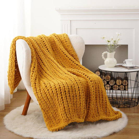 Battilo Chunky Knit Throw Blanket, Soft and Thick Chenille Throw Blanket, 50"x60" Handmade Cable Knit Crochet Blanket, Large Rope Knot Throw Blankets for Couch Sofa Bed Home Decor, Mustard