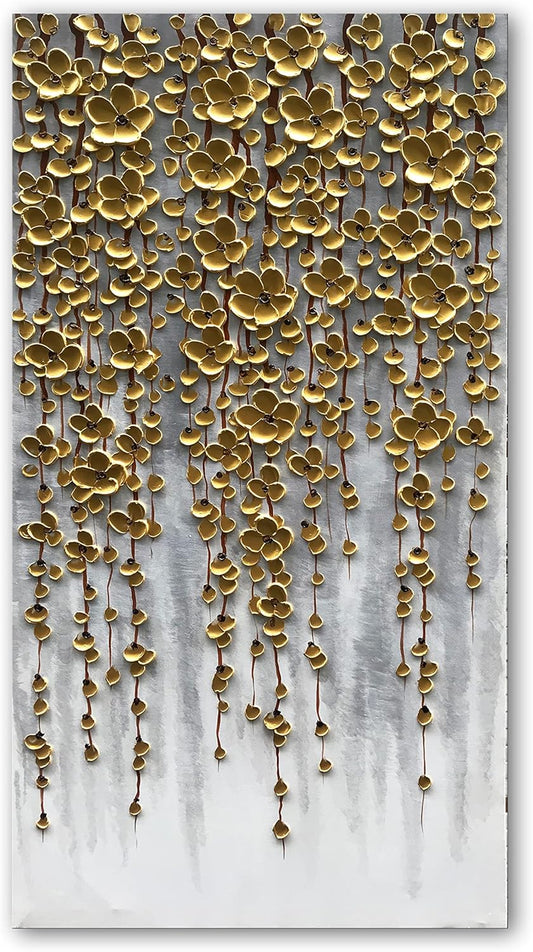 3D Vertical Abstract Canvas Oil Painting Wall Art, 116x57cm Golden Flower Painting Wall Art, Home Living Room Wall Decoration Abstract Painting Art