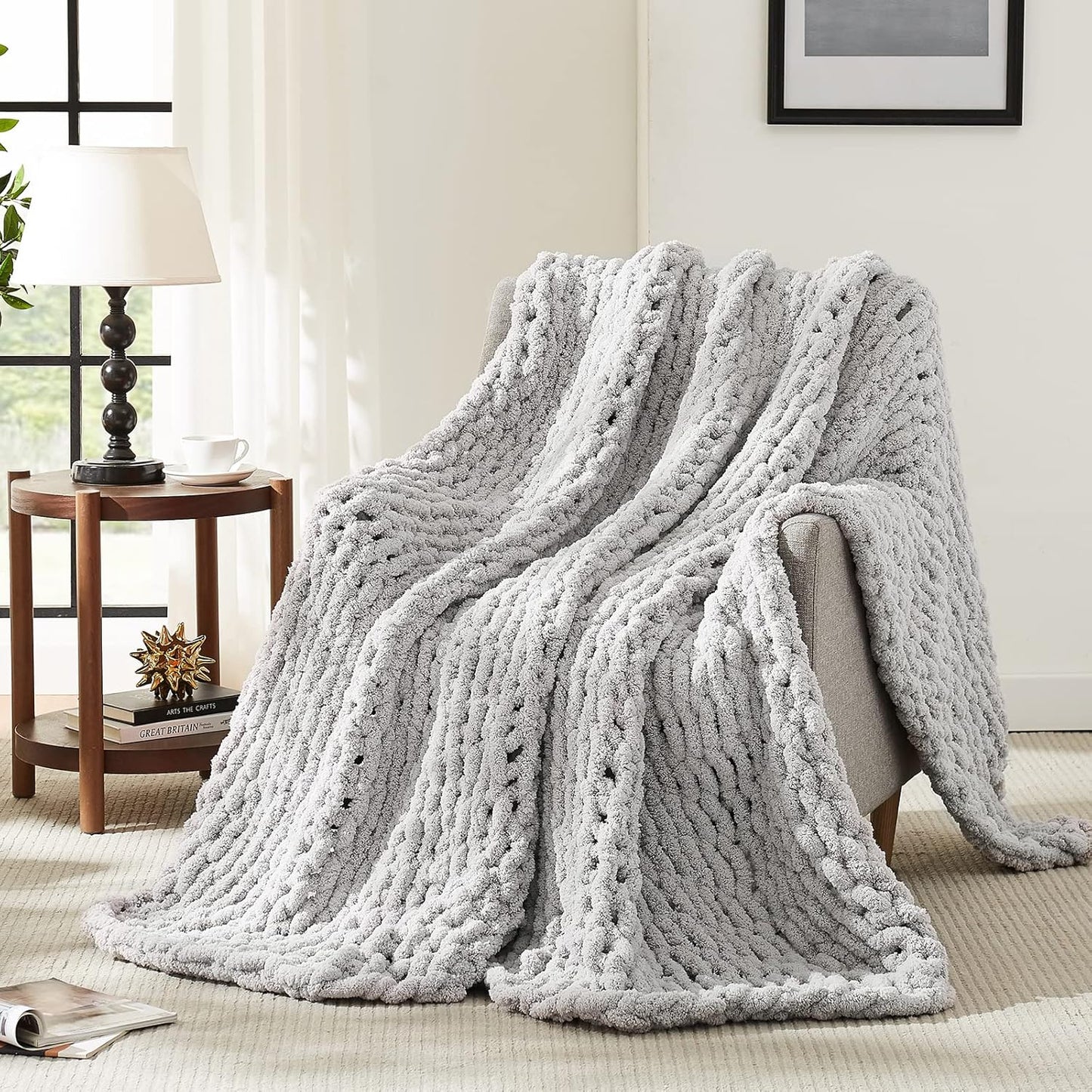 L'AGRATY Chunky Knit Blanket Throw: 80''x90'' Chenille Chunky Knitted Throw Blanket for Bed Couch - Handmade Thick Big Cable Knit Blanket - Large Chunky Crochet Rope Blanket for Home Decor(Grey)