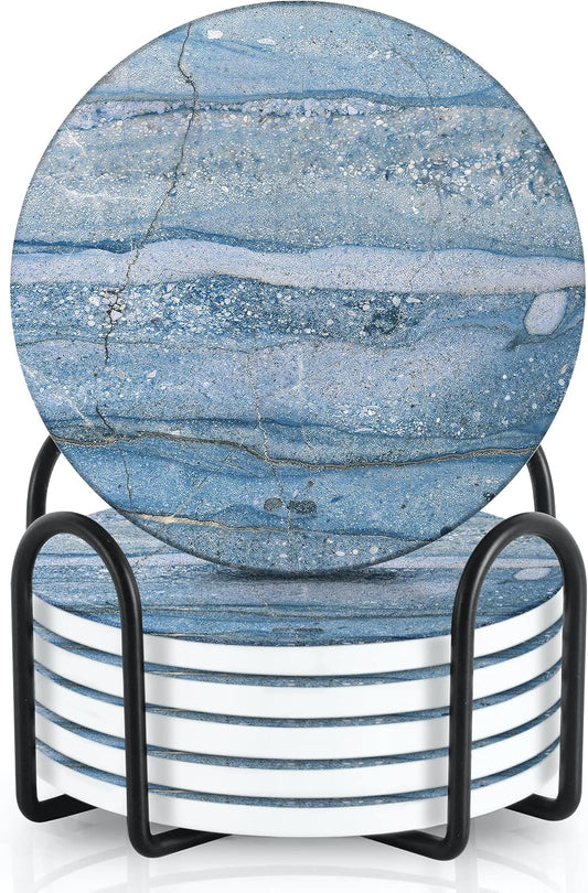 Emerson Coasters for Drinks Absorbent – Natural Stone Drink Coasters Set with Holder, Coasters for Coffee Table, Wooden Tabletop Protection Marble Style – 100% Heavy Duty Set of 6 (Beach)
