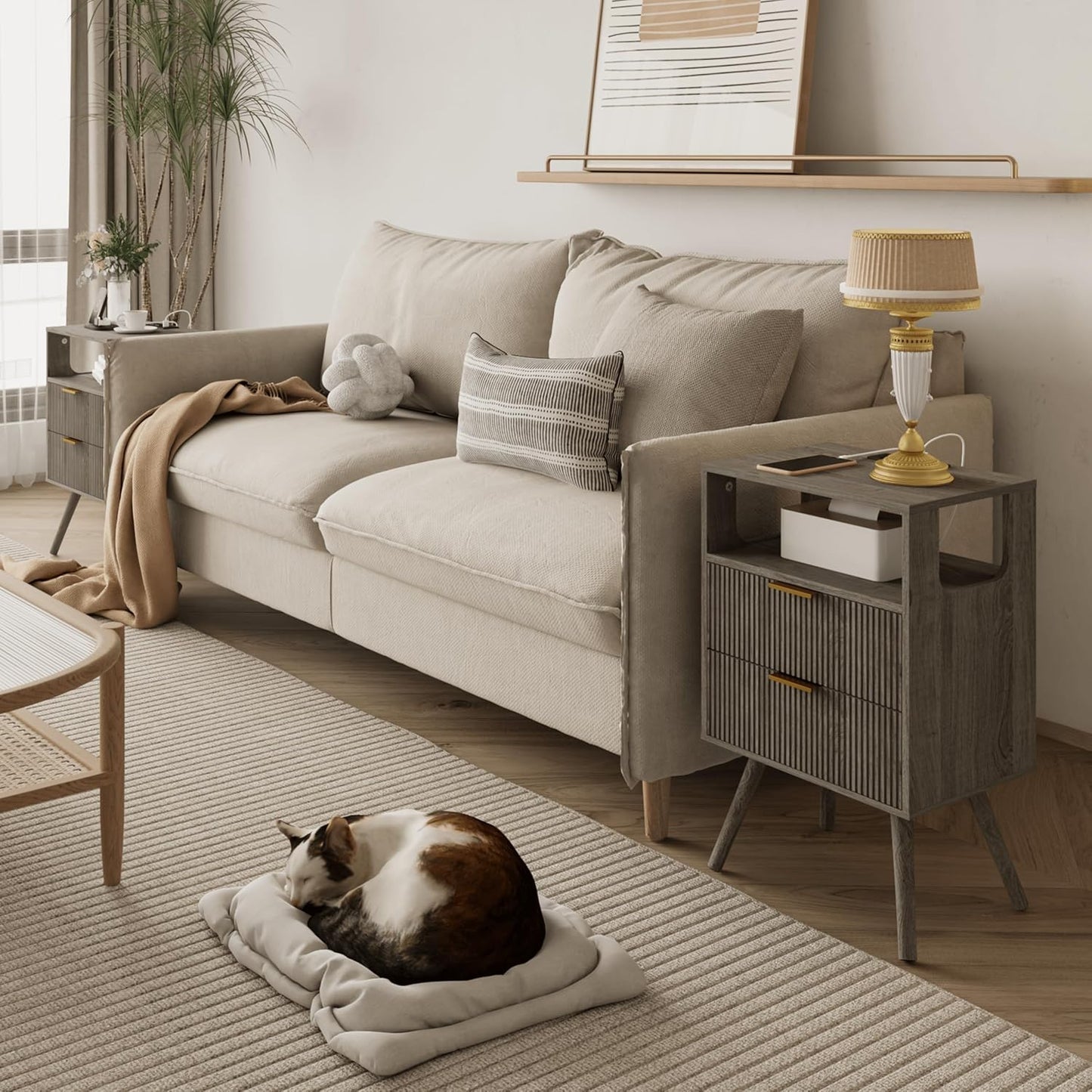 Nightstand with Charging Station and LED Lights,Modern Bedside Table with 2 Storage Drawer and Open Wood Shelf, for Bedroom and Small Spaces,Night Stand with Solid Wood Legs,GreyOak