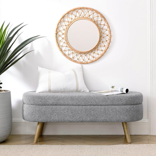 Oval Storage Bench 43.5" Linen Fabric Upholstered Entryway Bench with Solid Wood Legs Ottoman Bench Indoor Bench for Living Room/Bedroom/End of Bed/Entryway (New Grey)