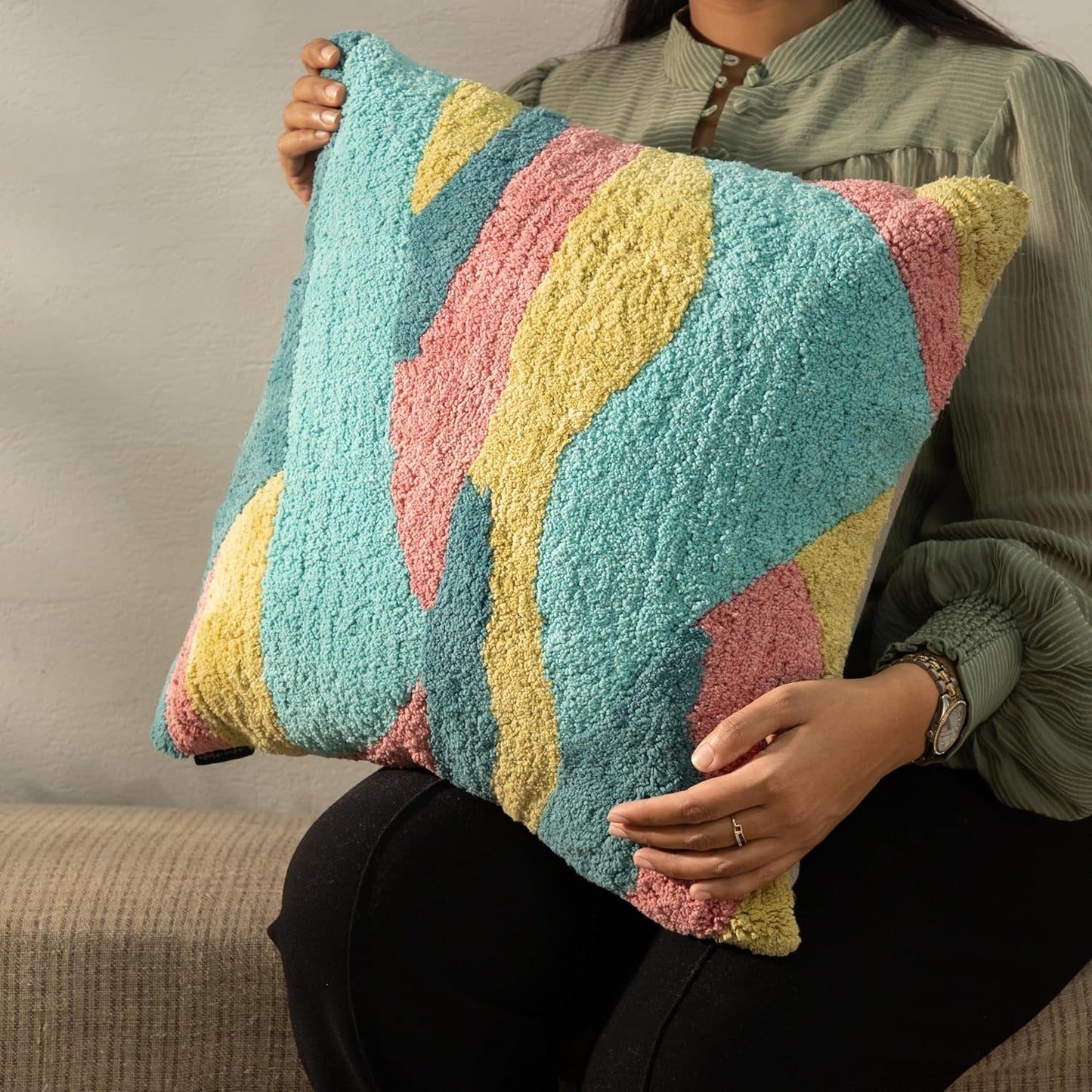 Tuffting Embroidery Decorative Throw Pillow Cover, 18 x 18 inches (Multi)